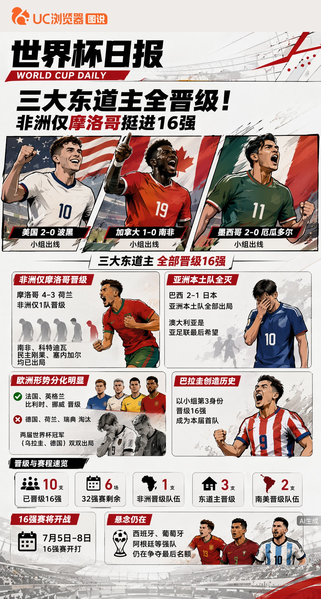 三大东道主全晋级！非洲仅摩洛哥挺进2026世界杯16强