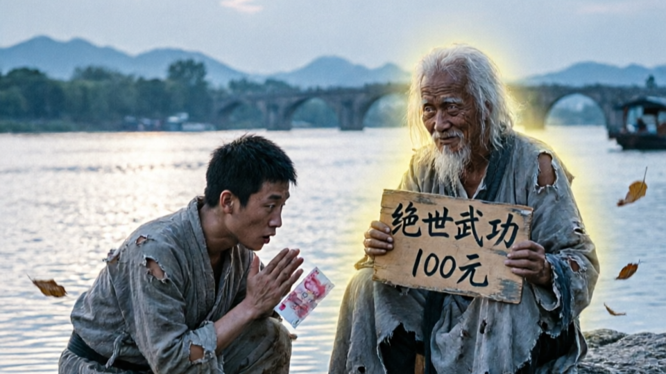 逃跑时我遇到个疯老头，100块卖我绝世武功，我以为他是骗子，直到他凌空渡江时，我当场跪下拜师！