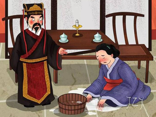 “覆水难收”的典故：

西汉有一位名叫朱买臣的人，四十多岁依旧穷困潦倒，刚开始夫