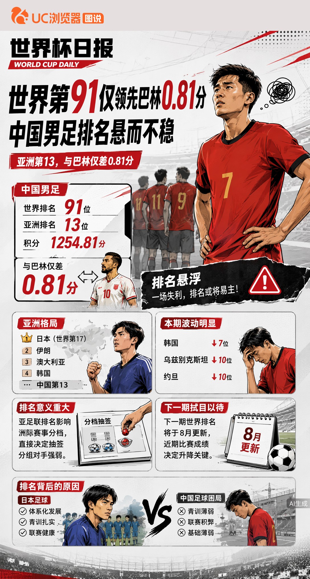 世界第91仅领先巴林0.81分，中国男足排名悬而不稳