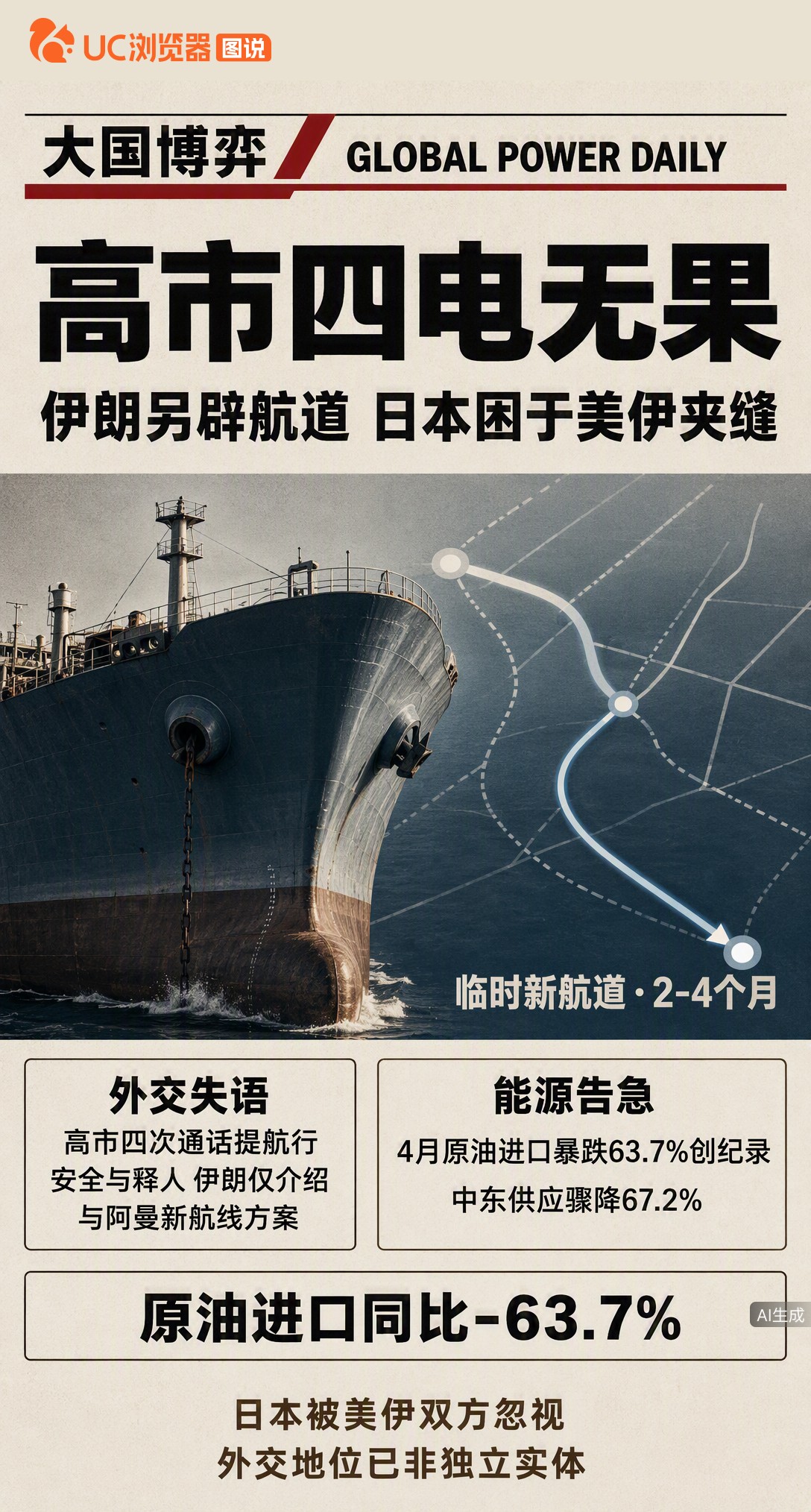 高市早苗四度致电伊朗求放人、保航道，对方却只谈和阿曼的新航线。原油进口暴跌六成、储备告急，日本夹在美伊之间，两边都没把它当回事。