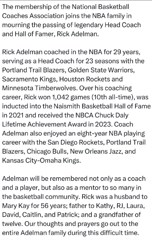 NBA教练协会官方：里克·阿德尔曼逝世，享年80岁。🙏🏾

里克·阿德尔曼在