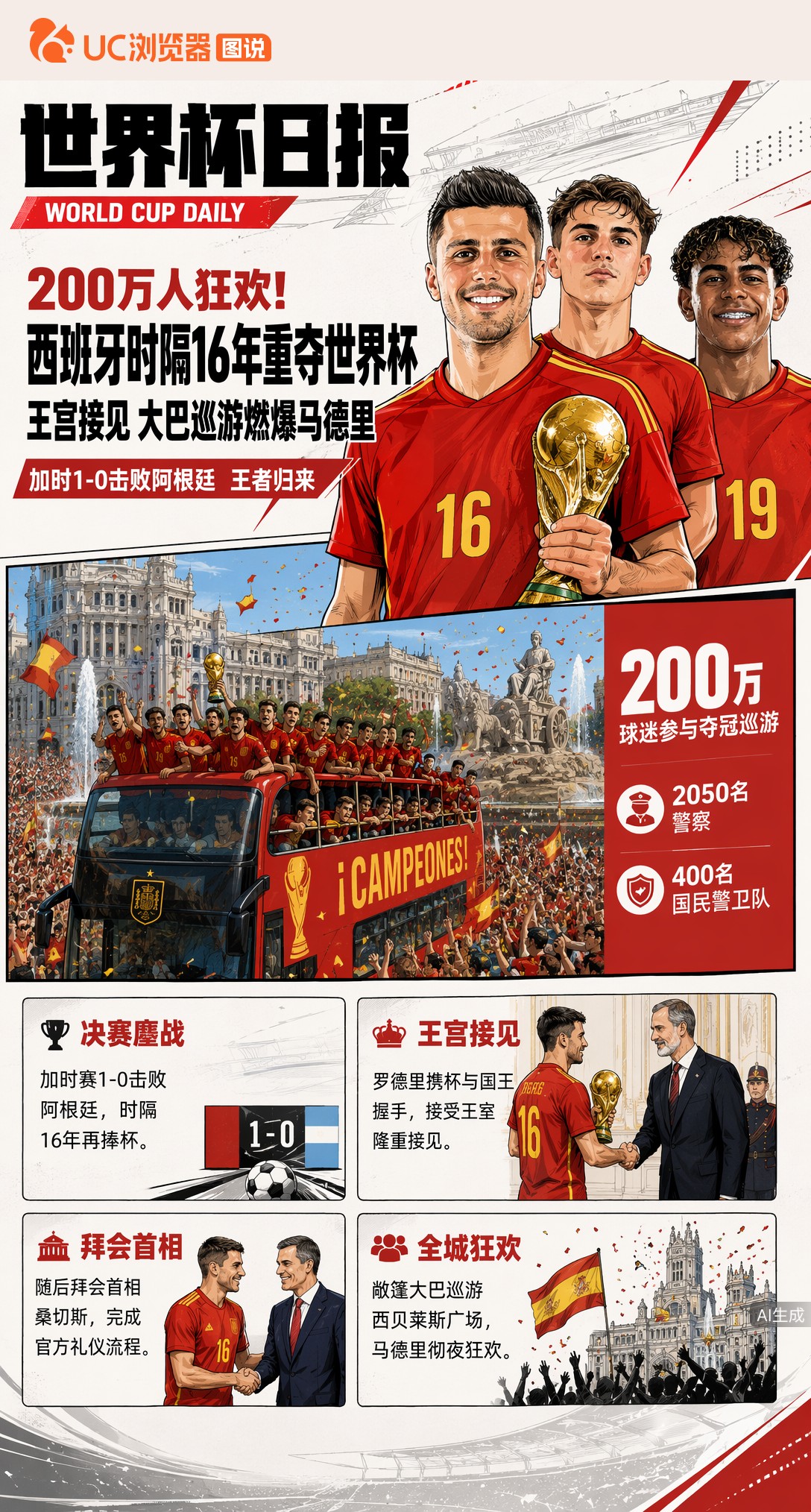 200万人狂欢！西班牙时隔16年重夺世界杯，王宫接见大巴巡游燃爆马德里
