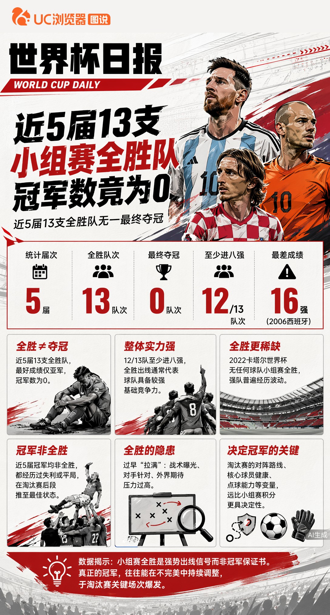 近5届13支小组赛全胜队，冠军数竟为0