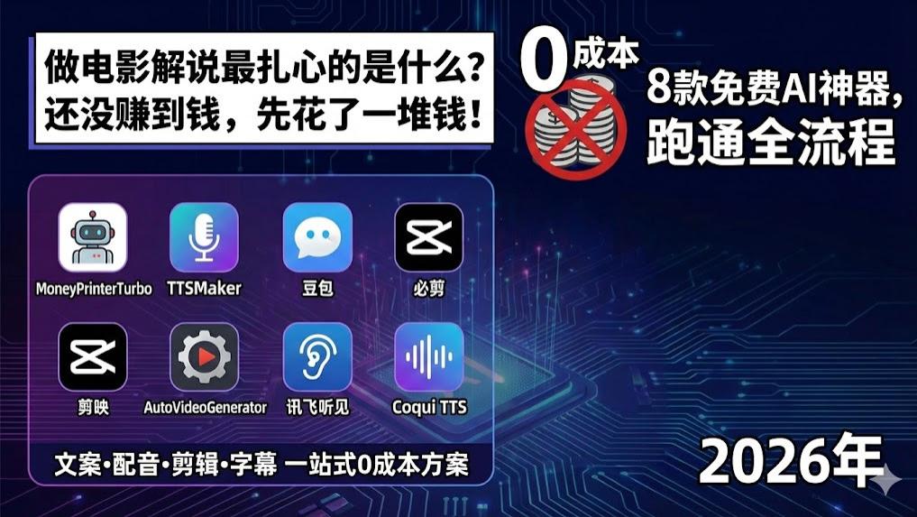 2026年8款免费电影解说AI工具实测：0成本也能日产3条爆款视频