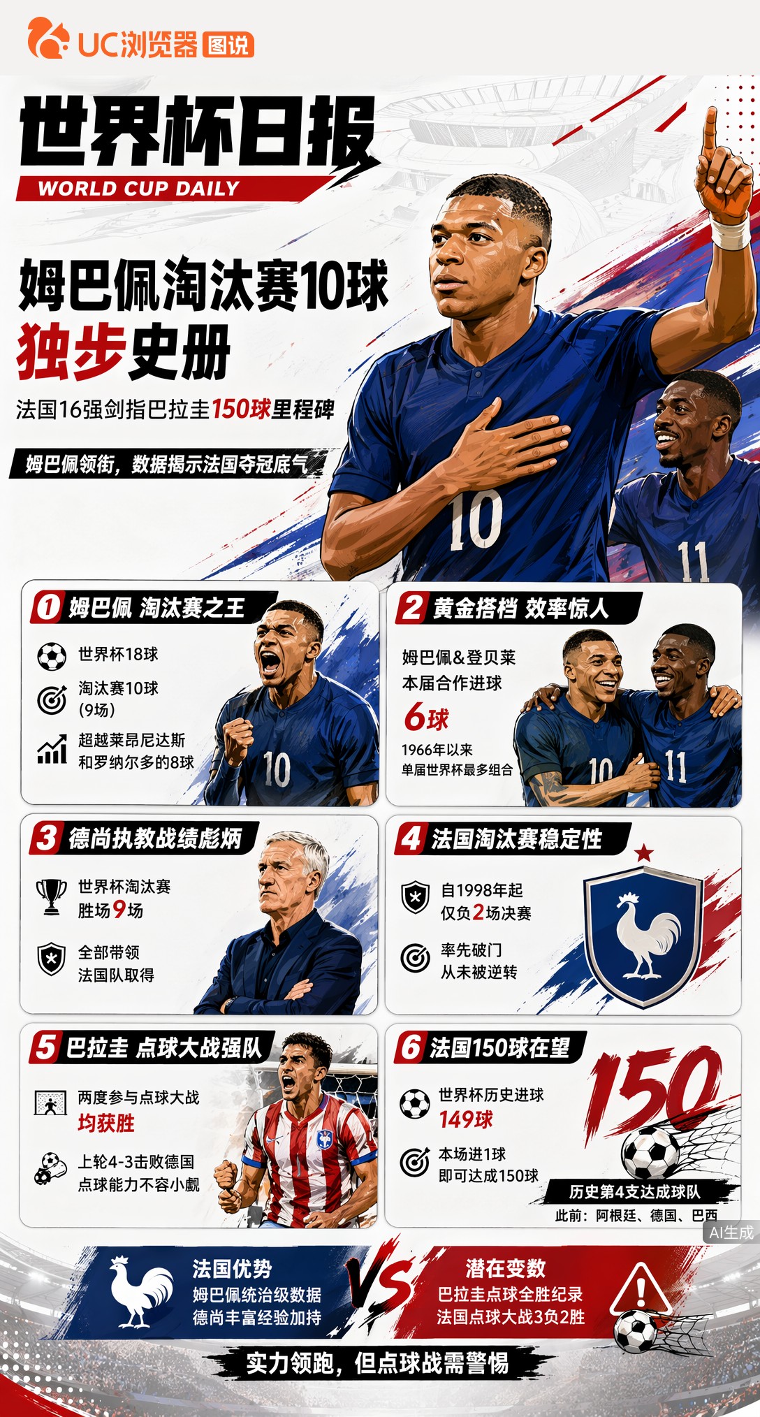 姆巴佩淘汰赛10球独步史册，法国16强剑指巴拉圭150球里程碑