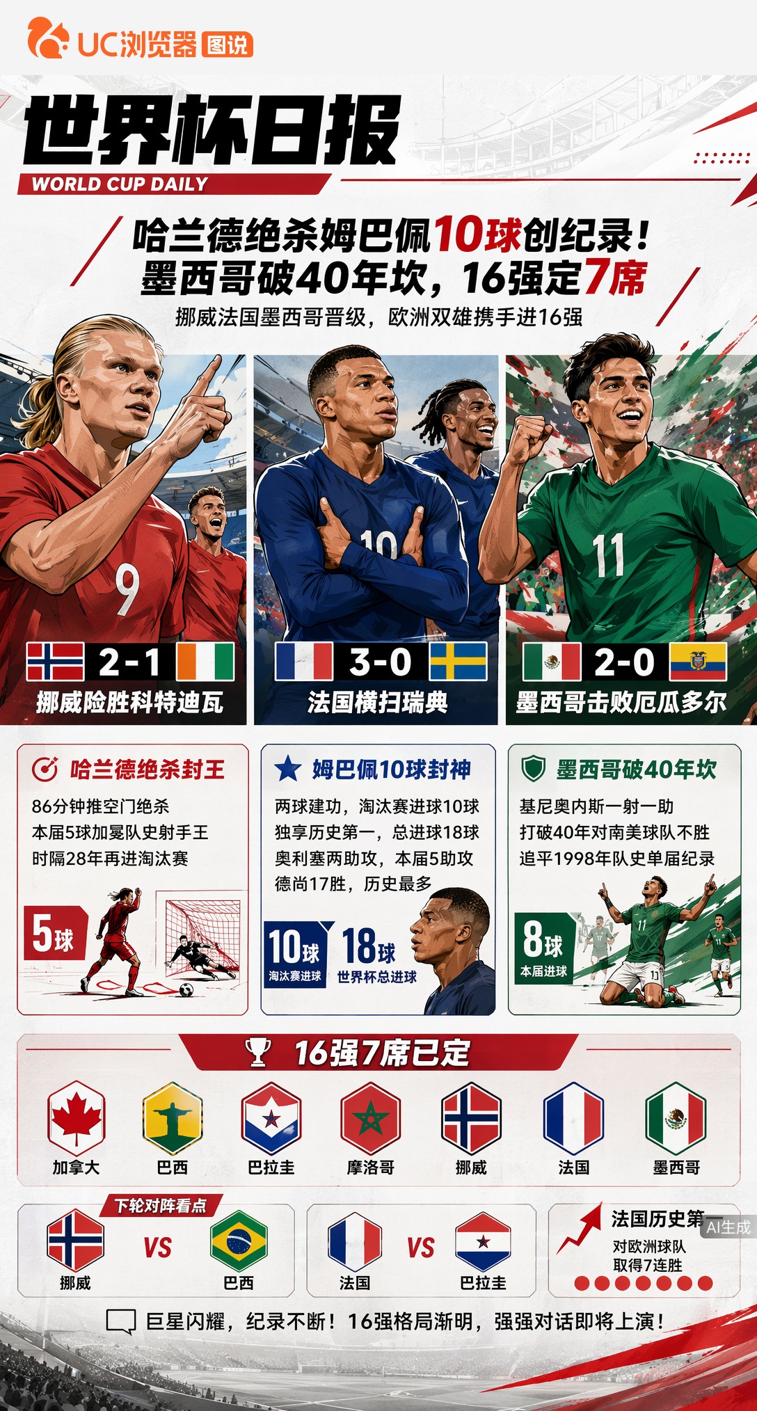 哈兰德绝杀姆巴佩10球创纪录！墨西哥破40年坎，16强定7席