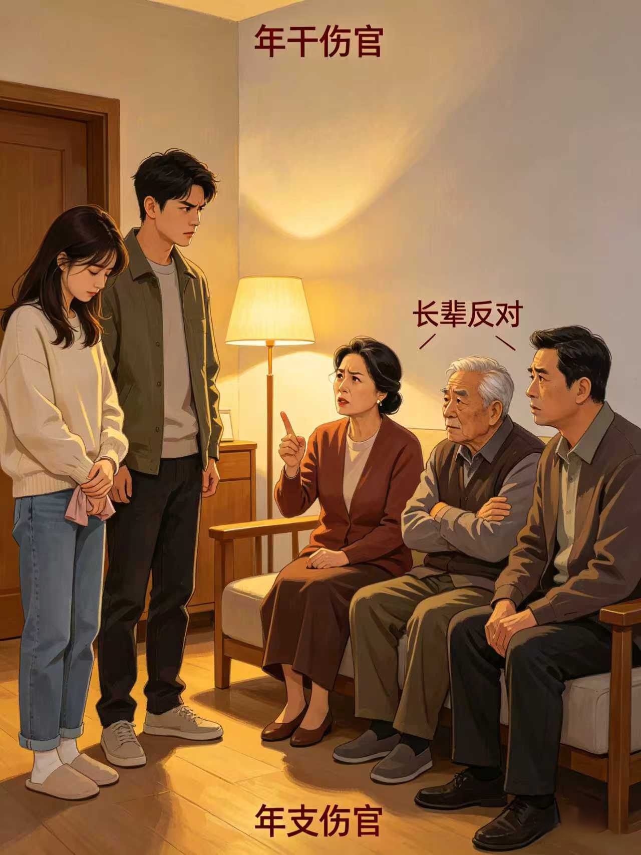 年干或年支有伤官,这类人，不论男女，在结婚时，都容易有人反对。而且反对你的人，往