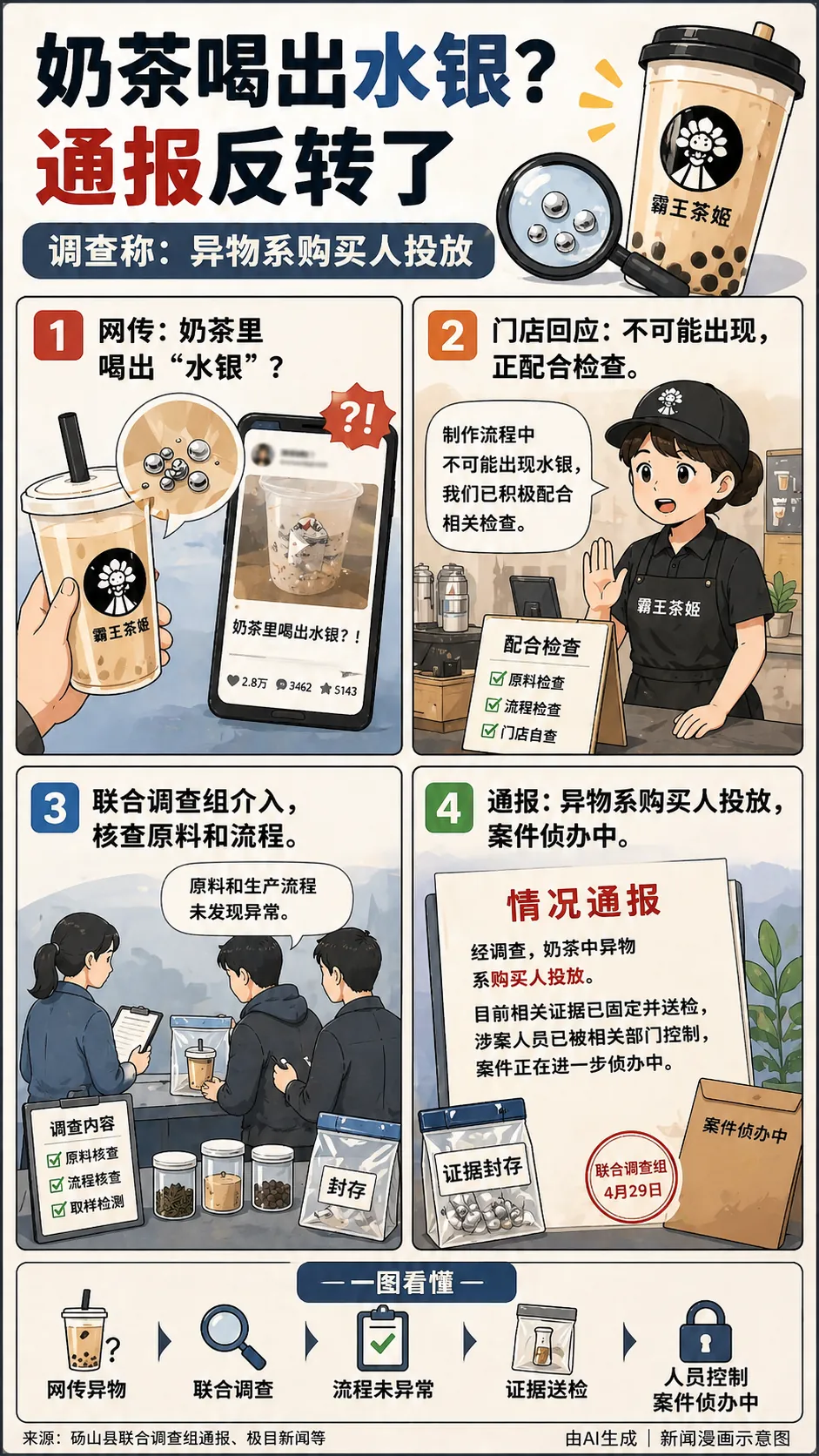 女子称在霸王茶姬喝出水银，当地通报：系购买人投放，涉案人员已被公安机关控制。
此