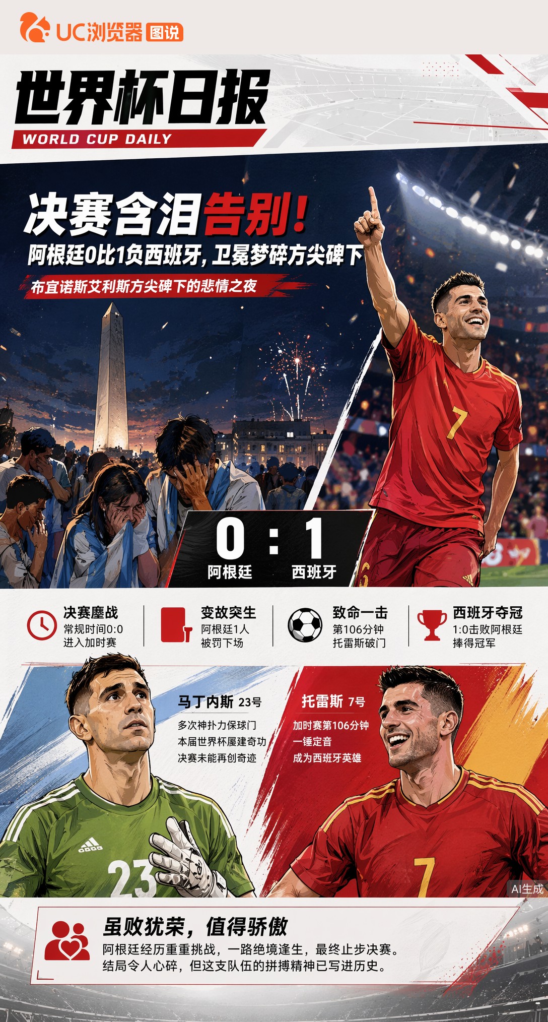 决赛含泪告别！阿根廷0比1负西班牙，卫冕梦碎方尖碑下