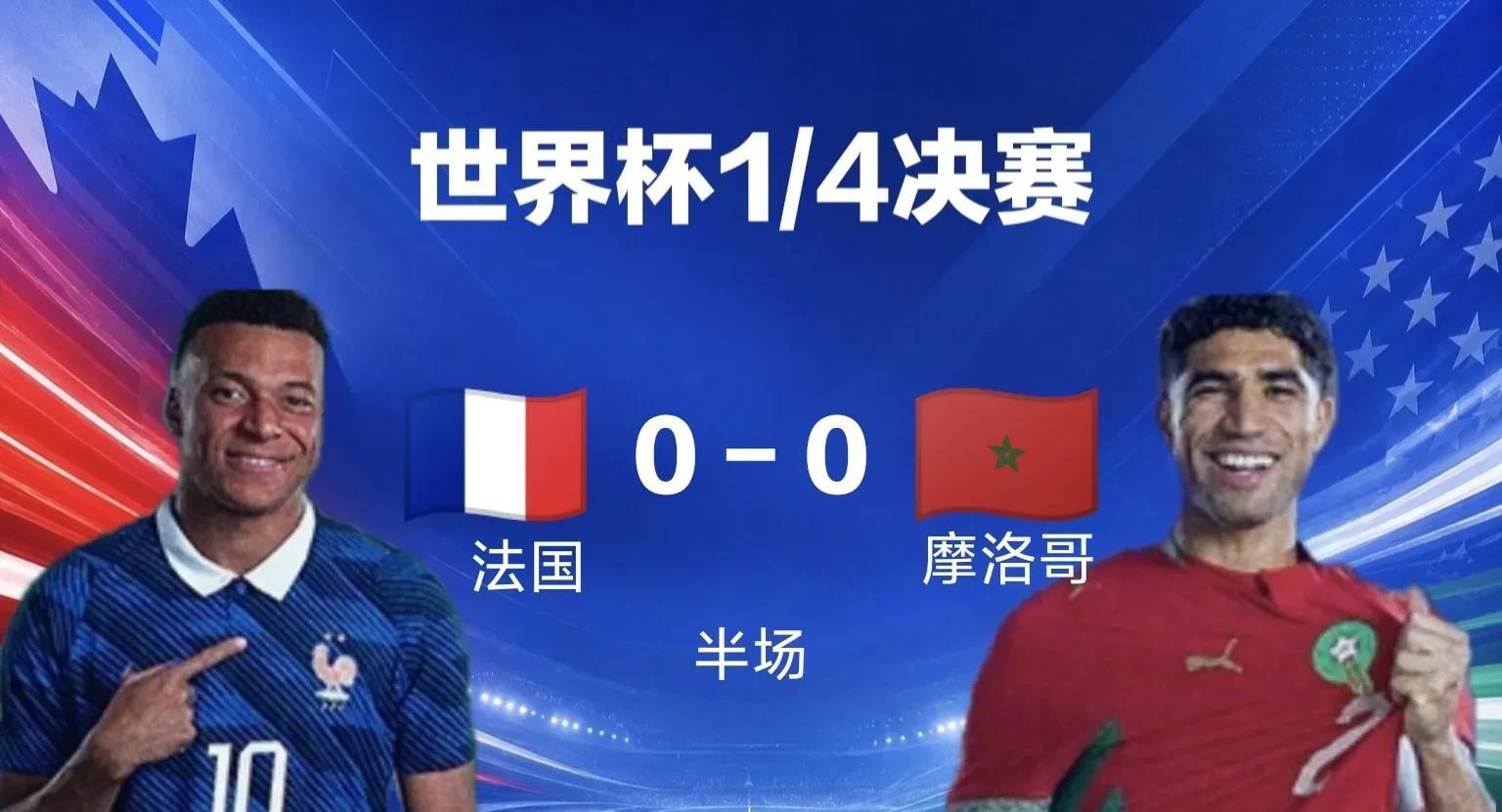 姆巴佩失点！半场战罢法国0-0摩洛哥

北京时间7月10日凌晨4点，美加墨世