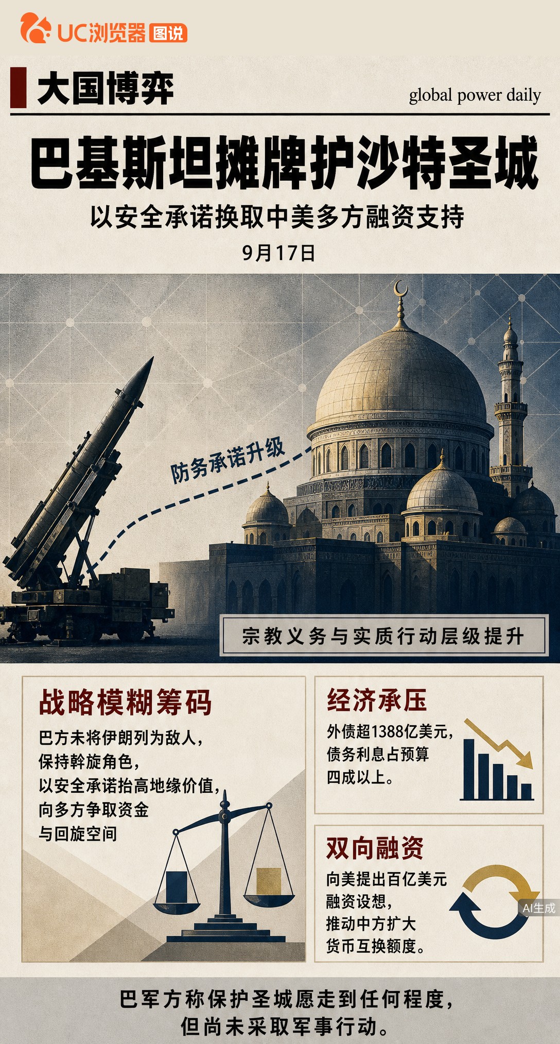 巴基斯坦放话愿为沙特“走到任何程度”，却未出兵也未点名伊朗。外债超1388亿美元，正同时向中美寻求融资，用安全承诺换回旋空间。