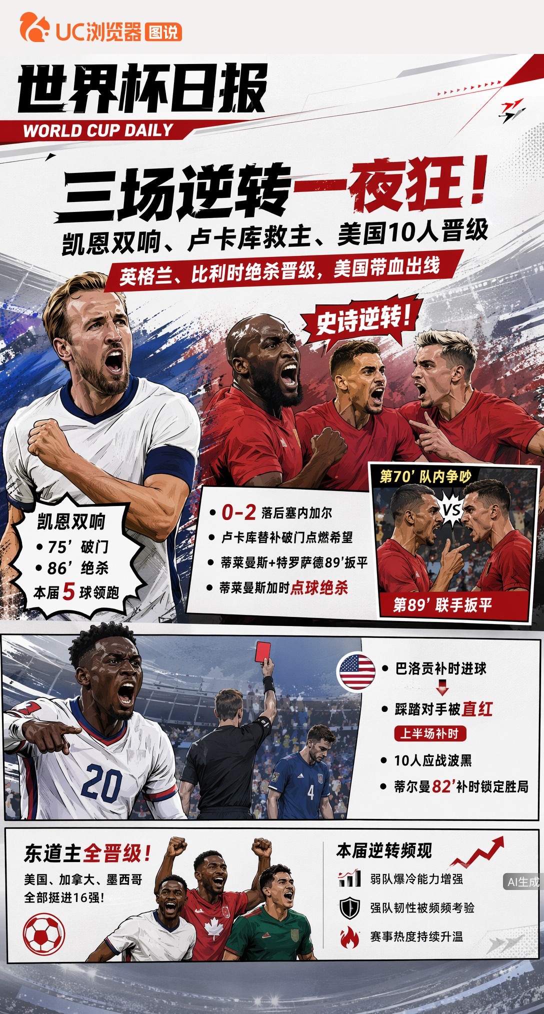 三场逆转一夜狂！凯恩双响、卢卡库救主、美国10人晋级