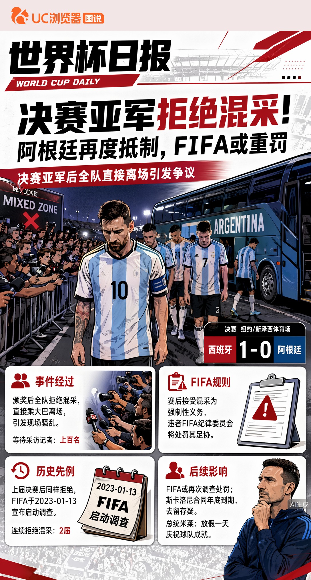 决赛亚军拒绝混采！阿根廷再度抵制，FIFA或重罚