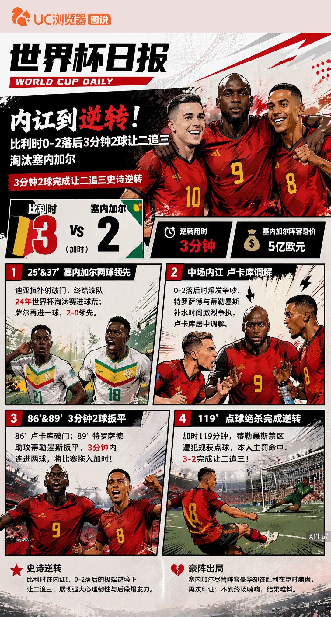 内讧到逆转！比利时0-2落后3分钟2球让二追三，淘汰塞内加尔