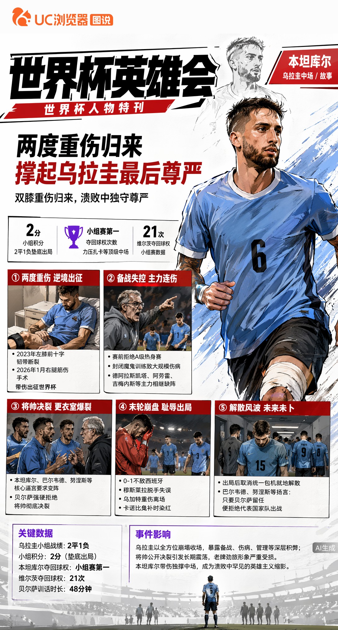 两度重伤归来，本坦库尔带伤撑起乌拉圭溃败中最后的尊严