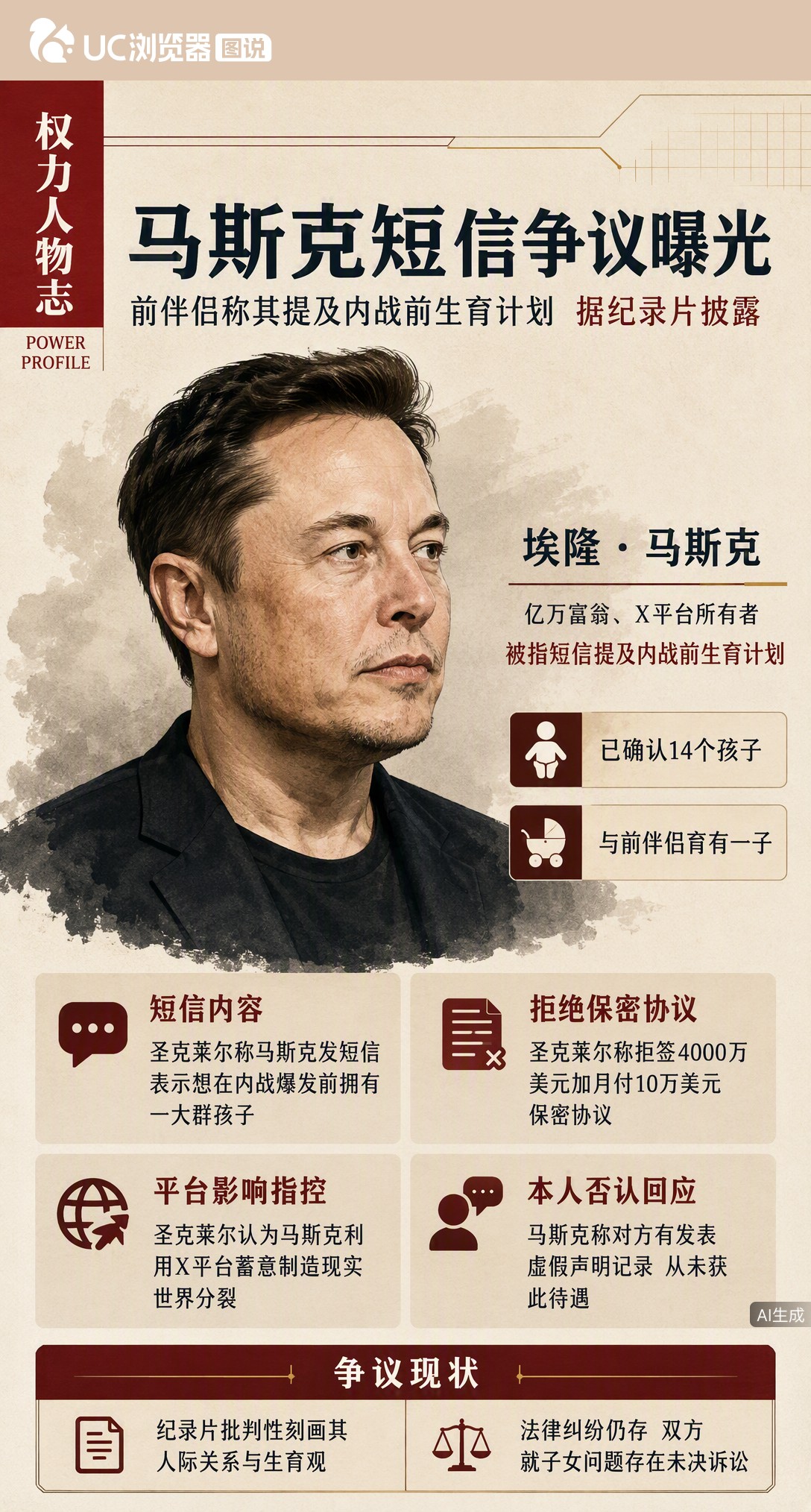 马斯克前伴侣圣克莱尔在纪录片中曝短信：他想在内战前生一大群孩子。她还称拒签4000万美元保密协议，马斯克则否认曾提供该待遇并指其有虚假声明记录。