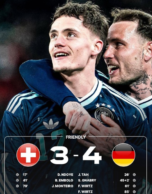 德国队客场4比3绝杀瑞士队，各项赛事6连胜。维尔茨贡献2球2助攻，兼有一脚神仙球
