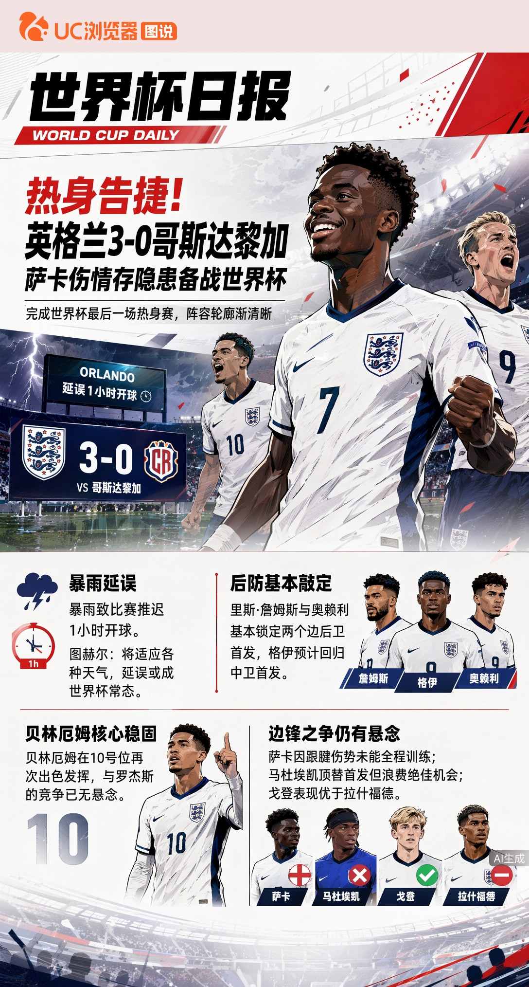 热身告捷！英格兰3-0哥斯达黎加，萨卡伤情存隐患备战世界杯