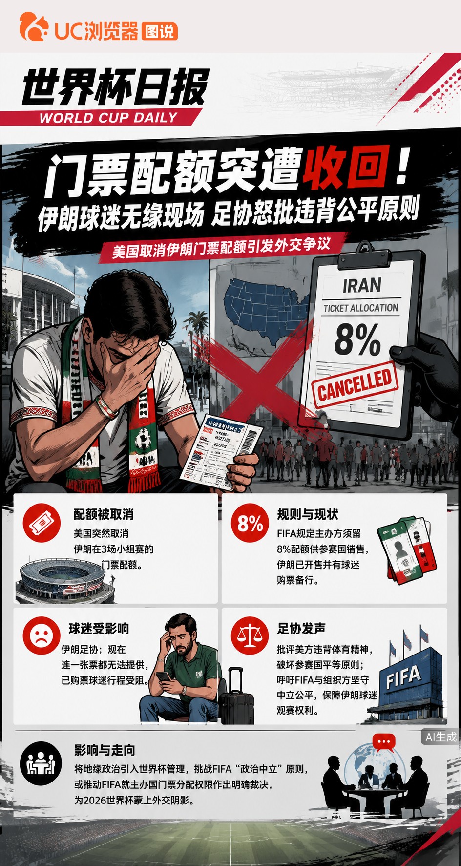 门票配额突遭收回！伊朗球迷无缘现场，足协怒批违背公平原则