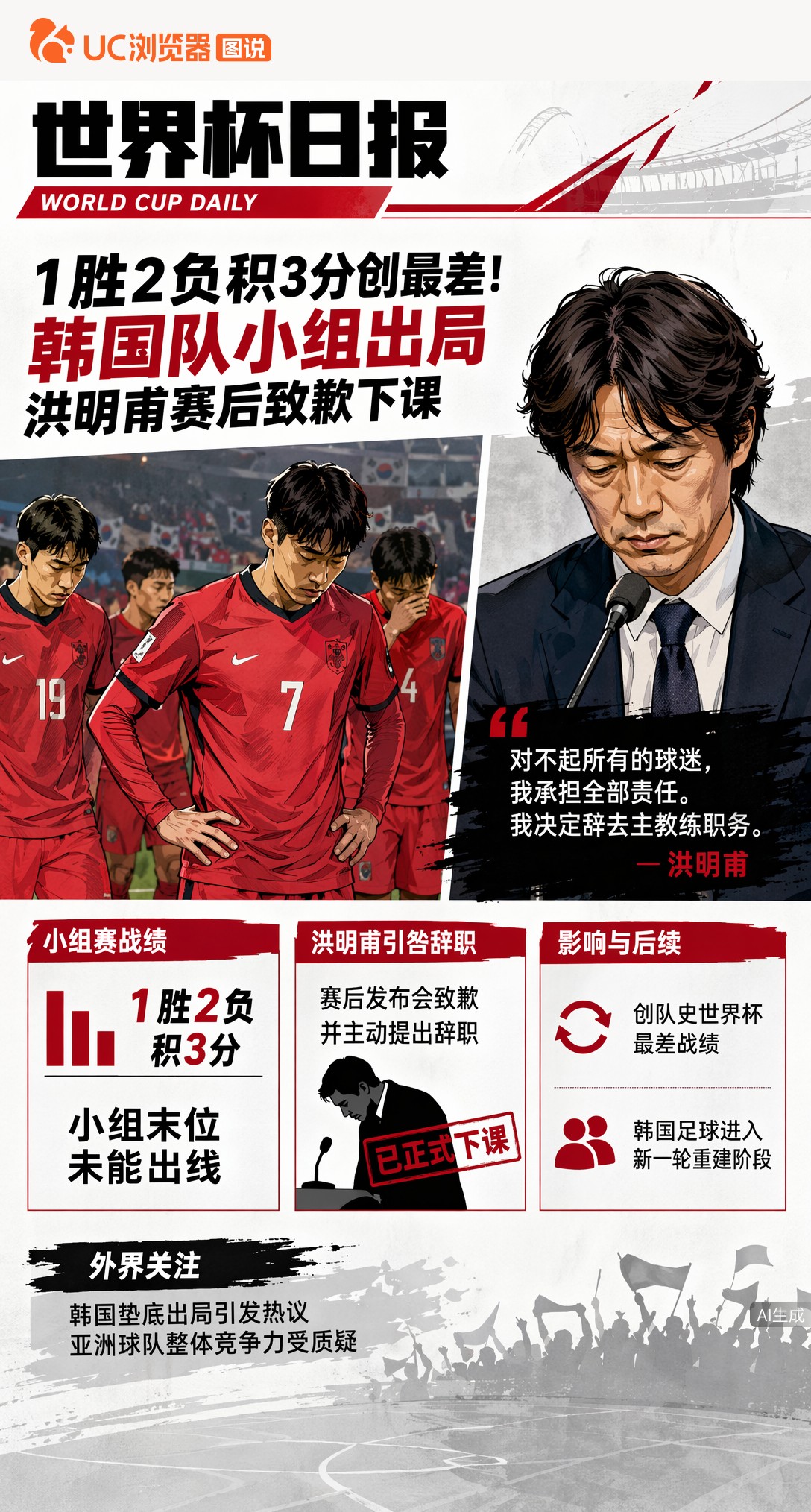 1胜2负积3分创最差！韩国队小组出局，洪明甫赛后致歉下课