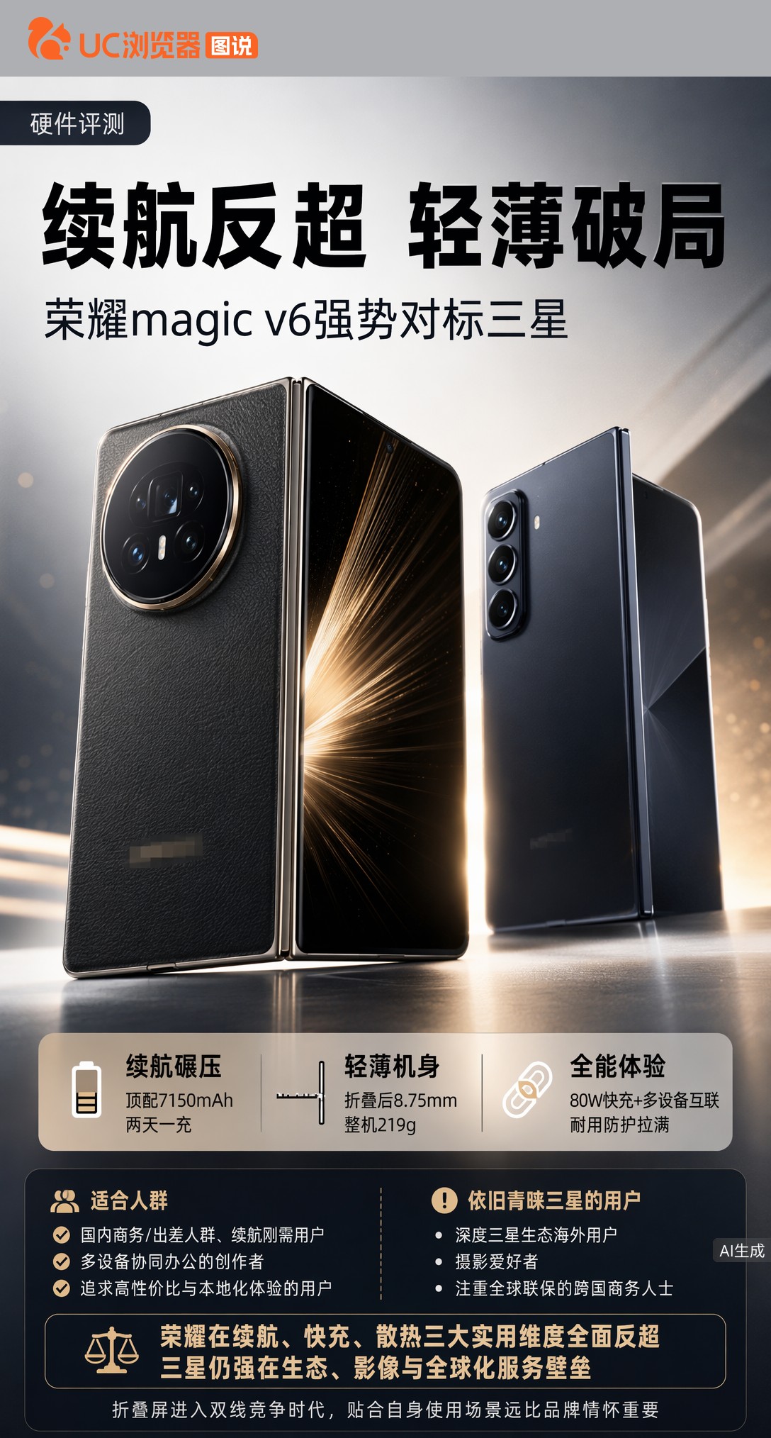 折叠后仅8.75mm，荣耀Magic V6竟塞进7150mAh电池！比三星Z Fold8多2150mAh，重度用一天不慌。但海外生态和影像调校仍有差距，轻薄长续航真能撼动三星标杆地位？