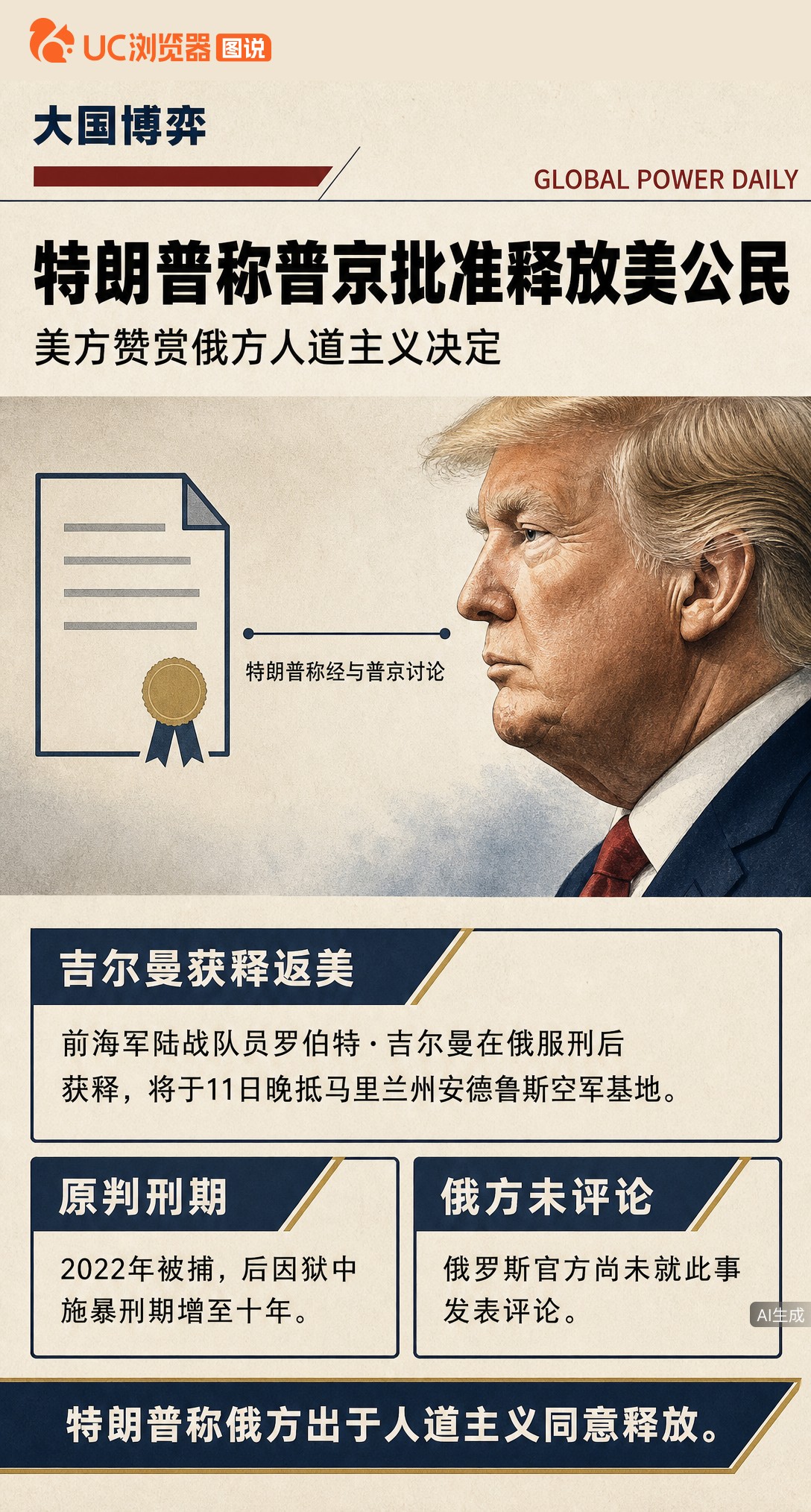 在俄服刑的美国前海军陆战队员吉尔曼获释返美。特朗普称与普京沟通后，俄方出于人道主义同意放人，美方表示赞赏。此人曾因酒后闹事及袭警被判刑10年。