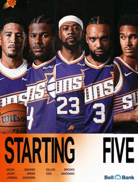 NBA附加赛太阳将对阵勇士。
太阳首发：布克、杰伦-格林、古德温、狄龙、伊戈达罗