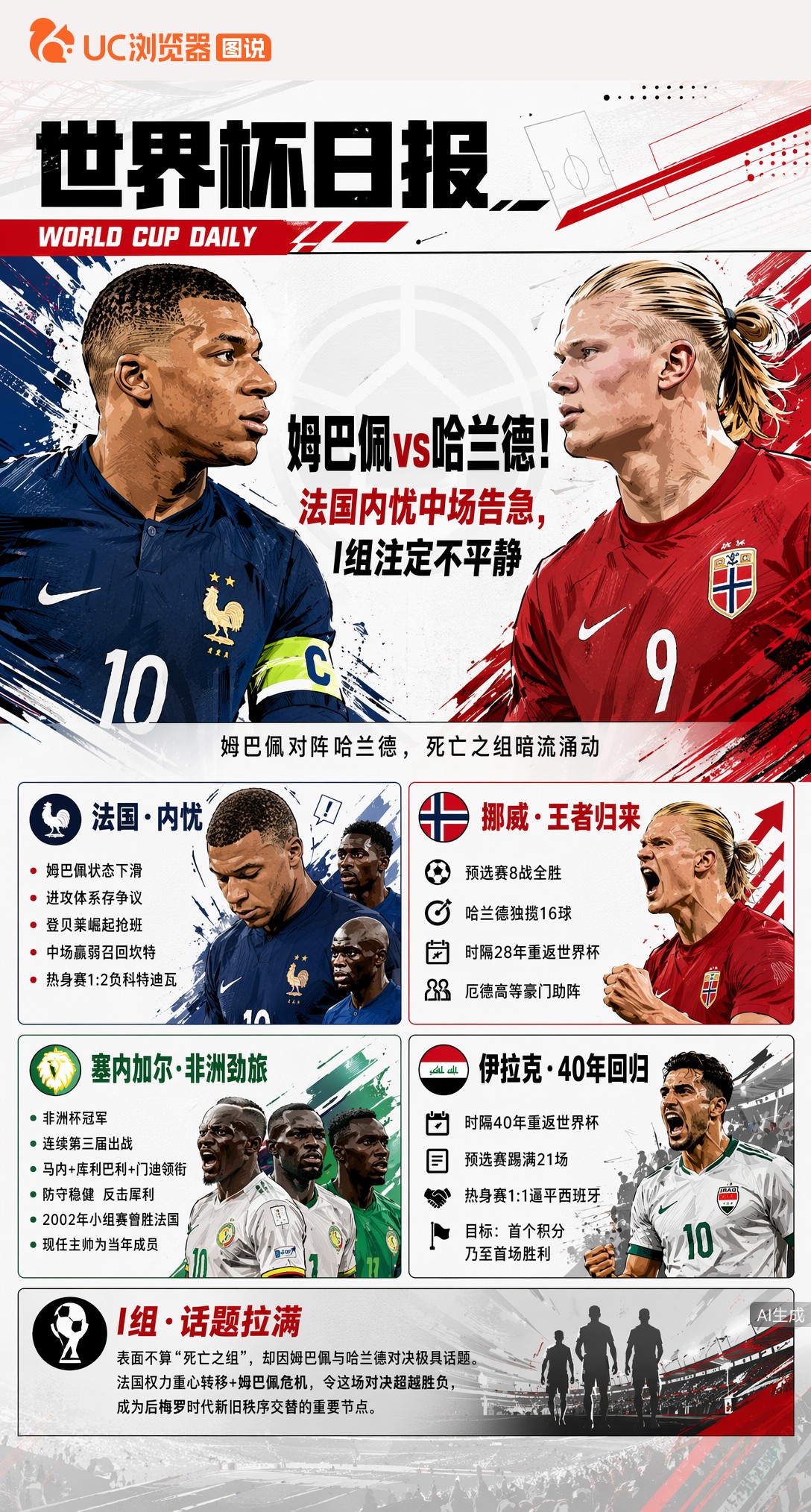 姆巴佩vs哈兰德！法国内忧中场告急，I组注定不平静