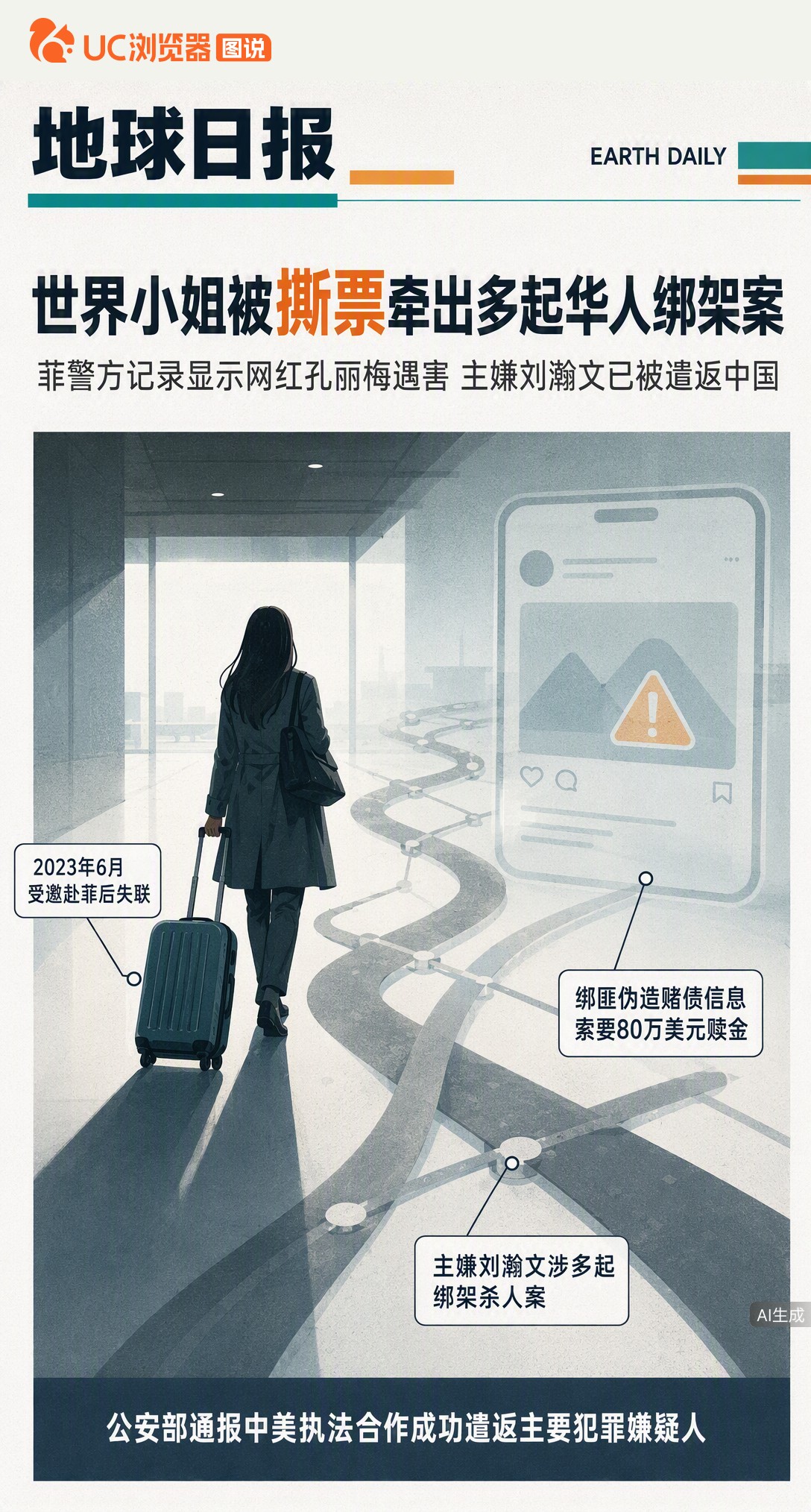 世界小姐孔丽梅在菲遇害，官方尚未通报。主嫌刘瀚文已被遣返，其团伙还涉另起撕票案。针对华人的绑架黑色产业链浮出水面，跨国追凶背后是中美执法合作的新突破。