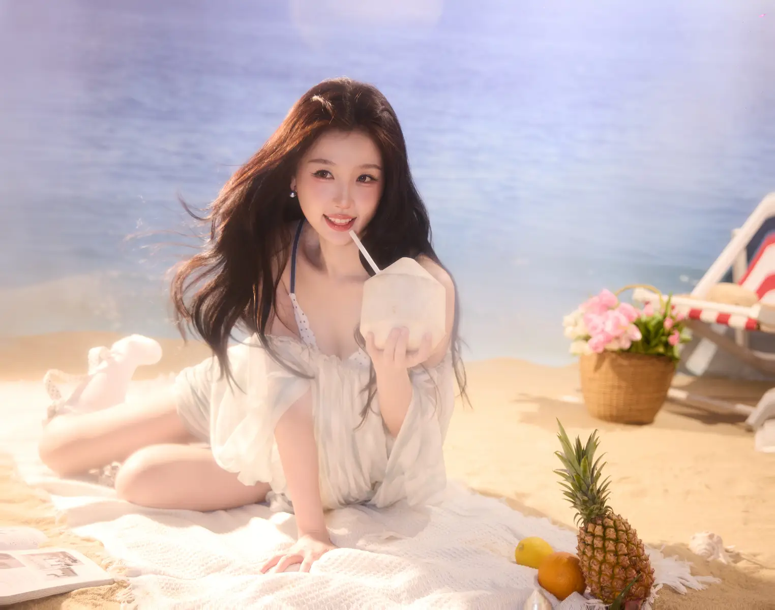 虞书欣穿白色吊带上衣，对镜甜笑灵动活泼