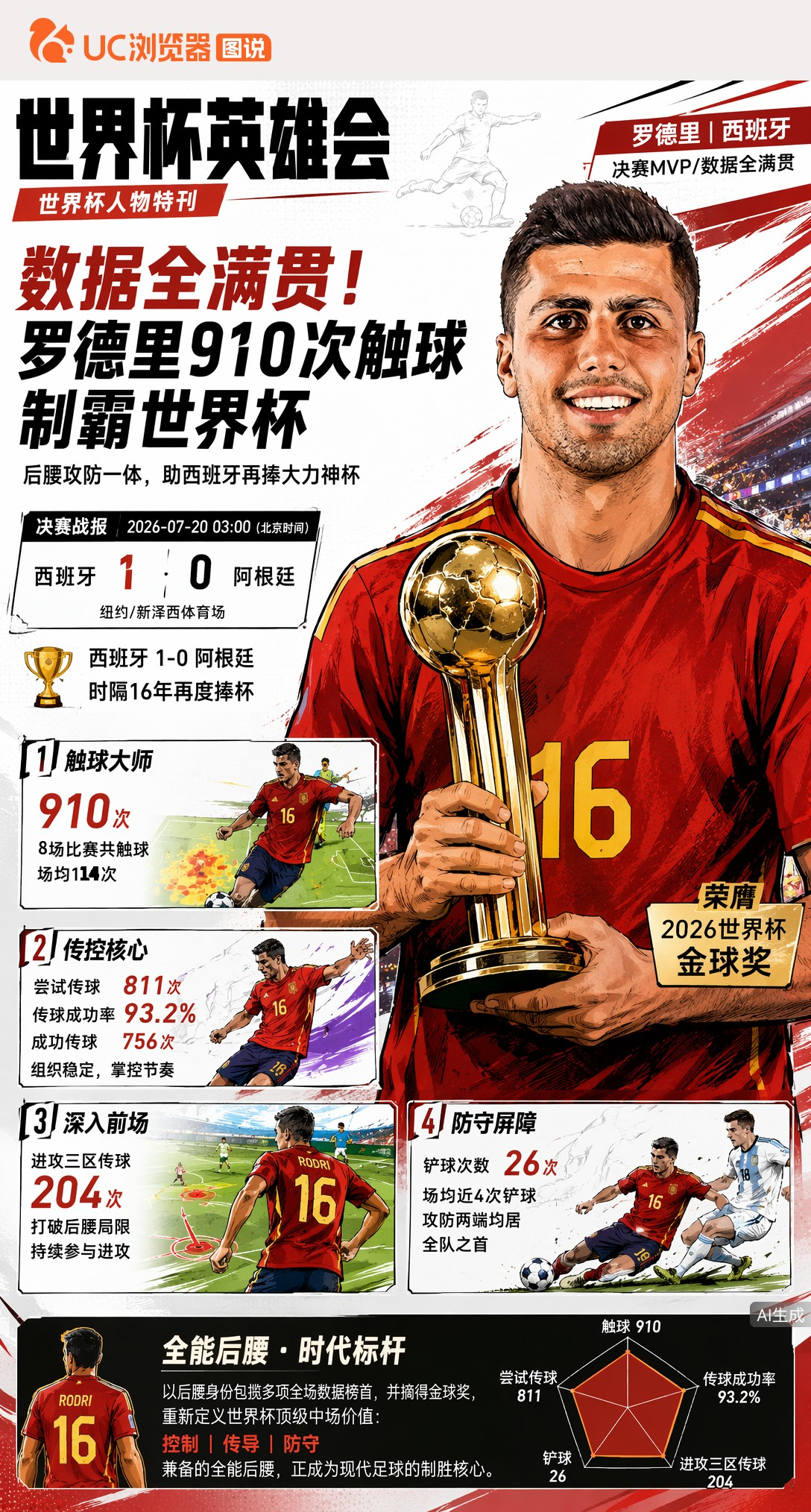 数据全满贯！罗德里910次触球制霸世界杯，西班牙16年后封王