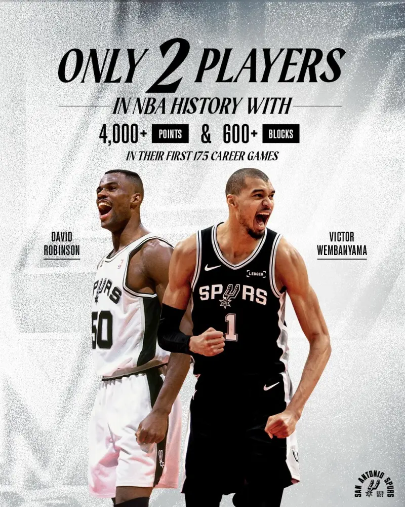 今日，马刺社媒分享维克托-文班亚马的个人数据海报，并配文：

“NBA历史上仅有