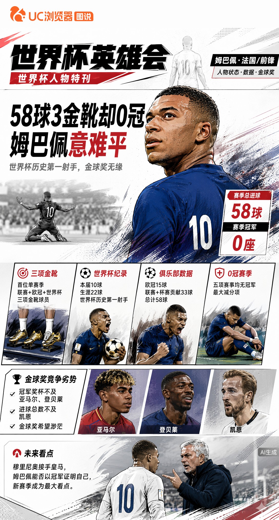 58球3金靴却0冠，姆巴佩意难平：金球奖希望渺茫