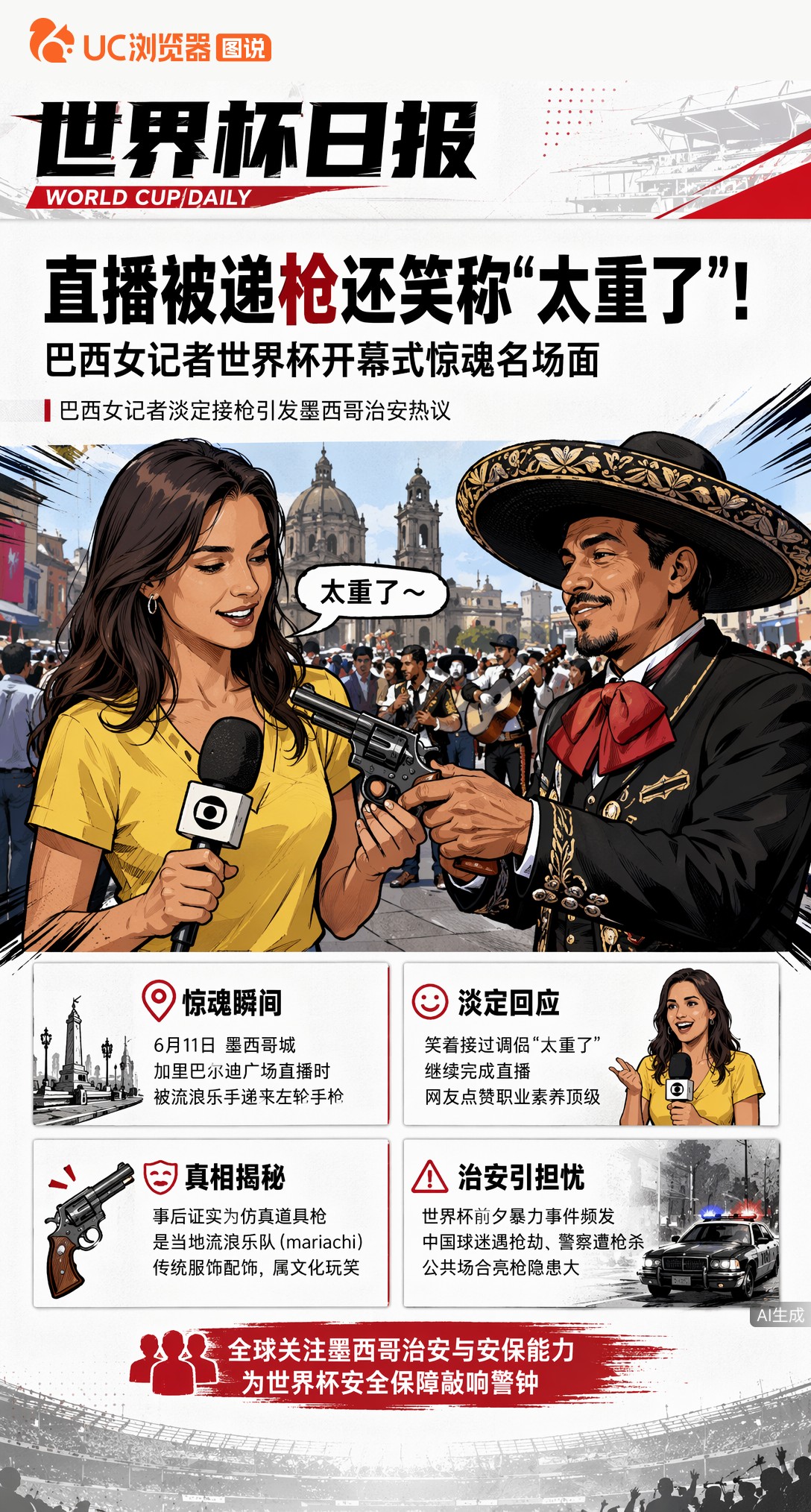 直播被递枪还笑称"太重了"！巴西女记者世界杯开幕式惊魂名场面