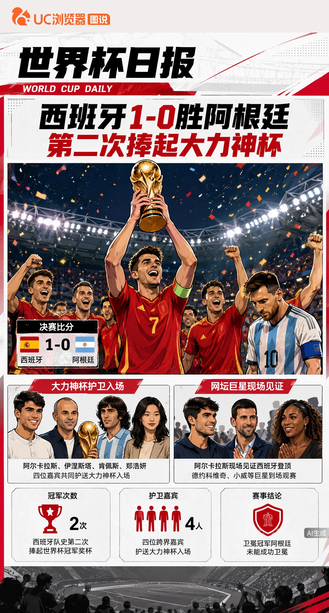 西班牙1-0胜卫冕冠军阿根廷，第二次捧起大力神杯
