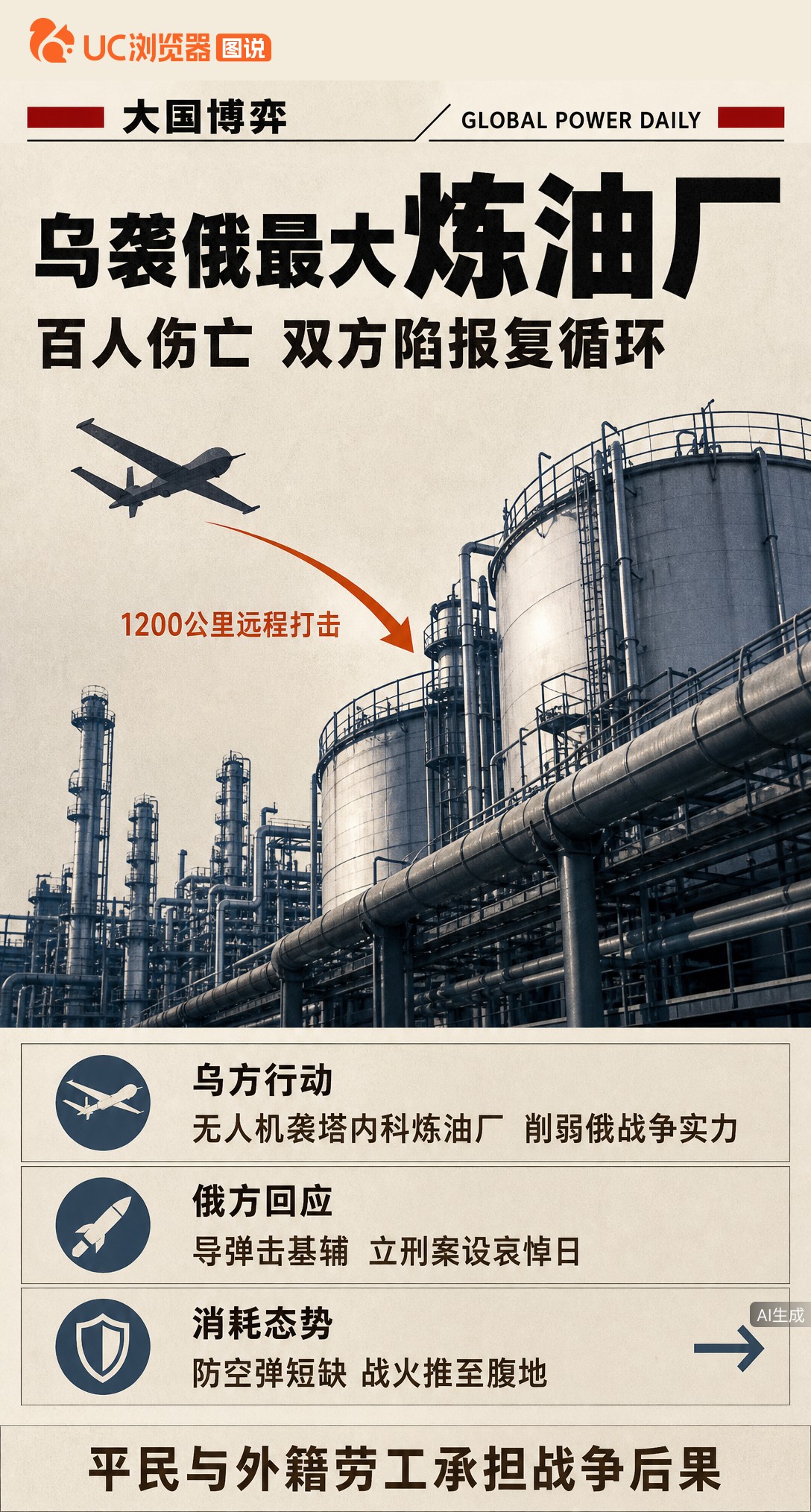 乌无人机飞1200公里袭俄最大炼油厂，致13死78伤。英媒称或为最致命袭击之一，但遇难者多为外籍劳工。俄方随即导弹反击基辅，双方互袭腹地，平民持续承担代价。
