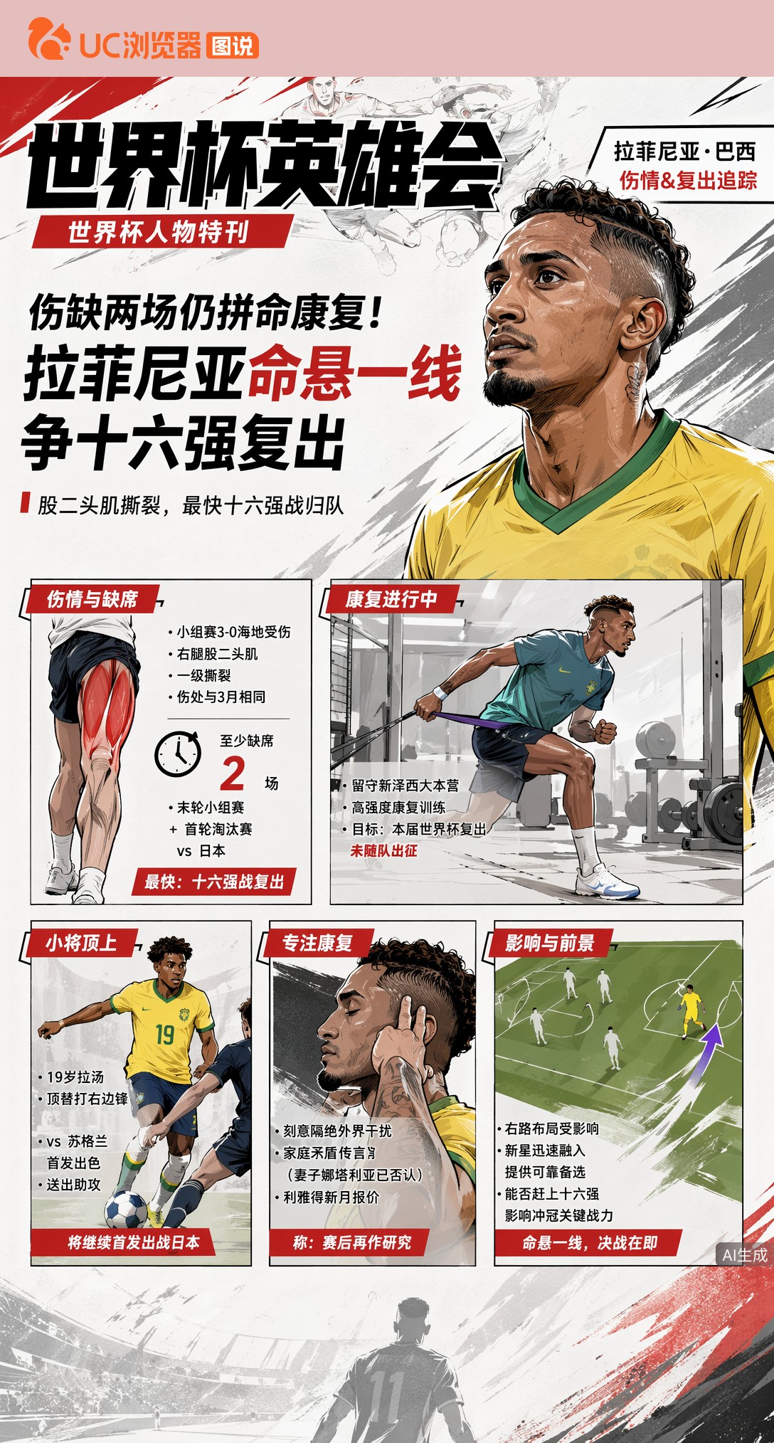 伤缺两场仍拼命康复！拉菲尼亚命悬一线争十六强复出