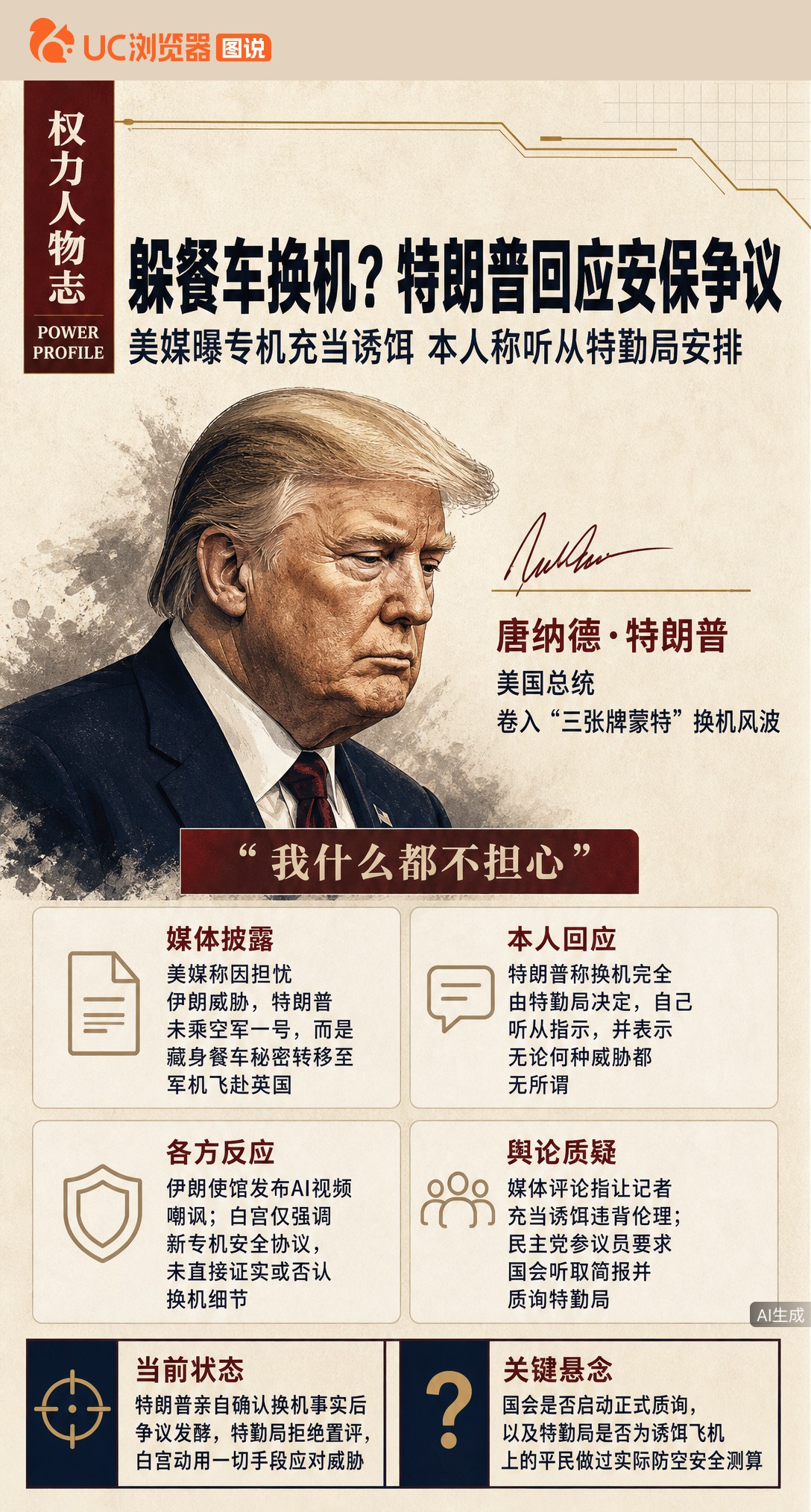 被曝躲餐车换机避伊朗威胁，特朗普回应称听特勤局安排、自己才不怕。可记者全程被当诱饵蒙在鼓里，伊朗使馆还发AI视频嘲讽，这场安全操作争议反而更大了。