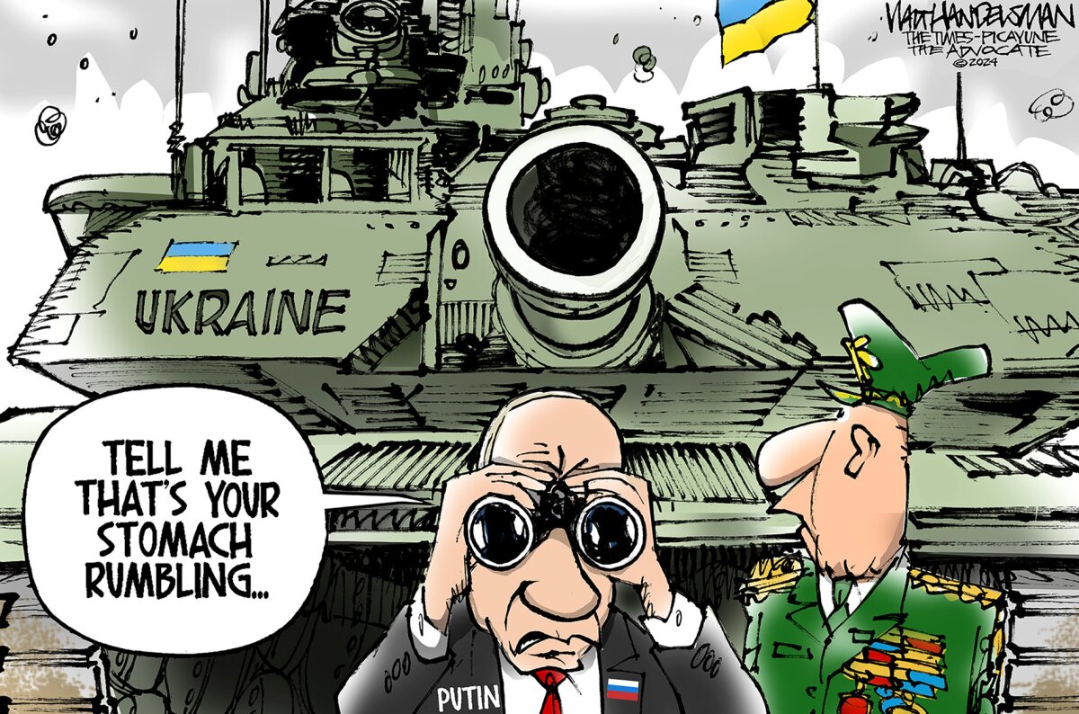  美国漫画家乔伊.威瑟福笔下俄乌战争的漫画。