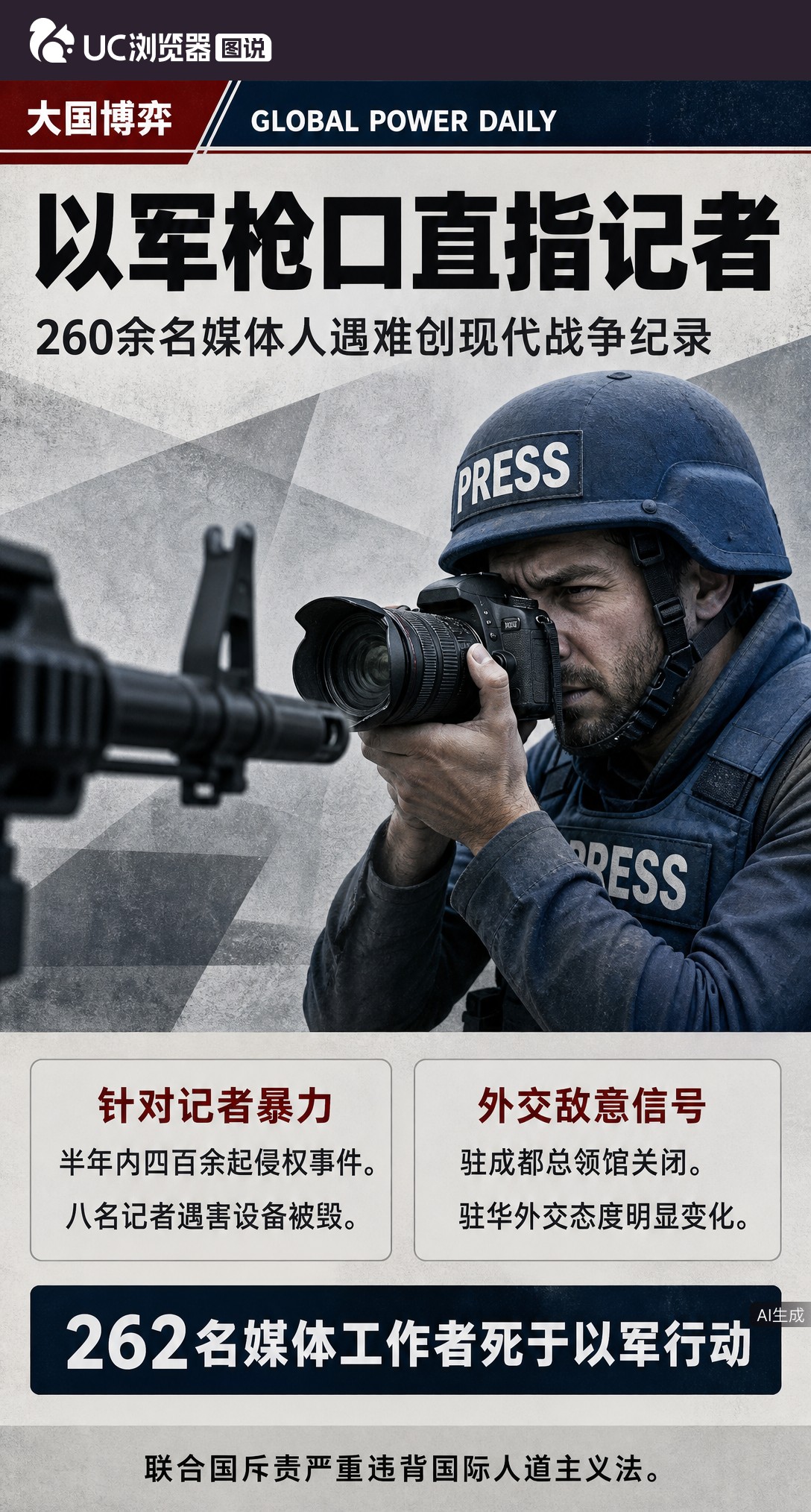 新华社记者穿媒体服采访仍被以军举枪瞄准，冲突以来已有260余名记者遇难。从加沙到西岸，镜头成了靶子，记录真相的人正付出最惨痛代价。