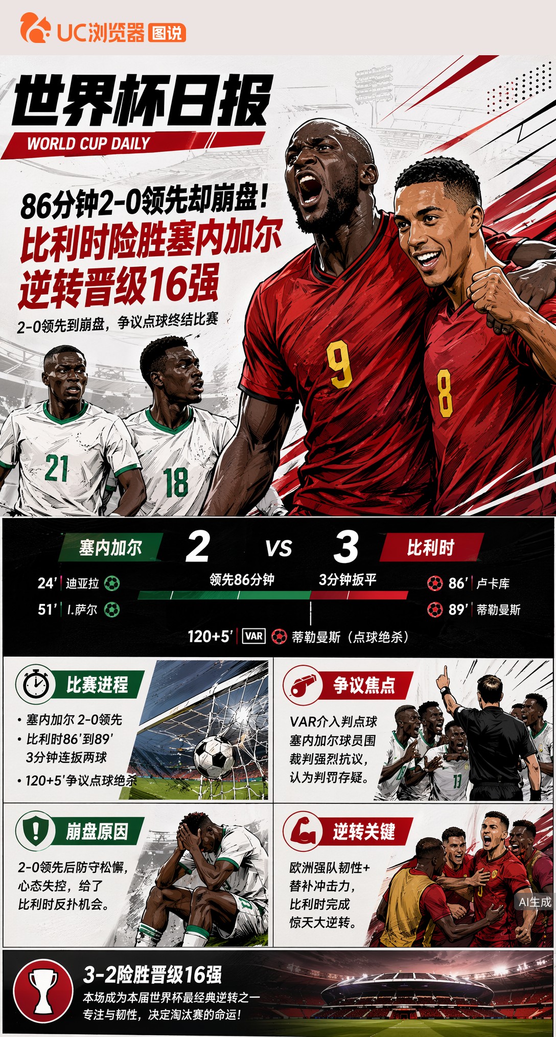86分钟2-0领先却崩盘！比利时险胜塞内加尔逆转晋级16强