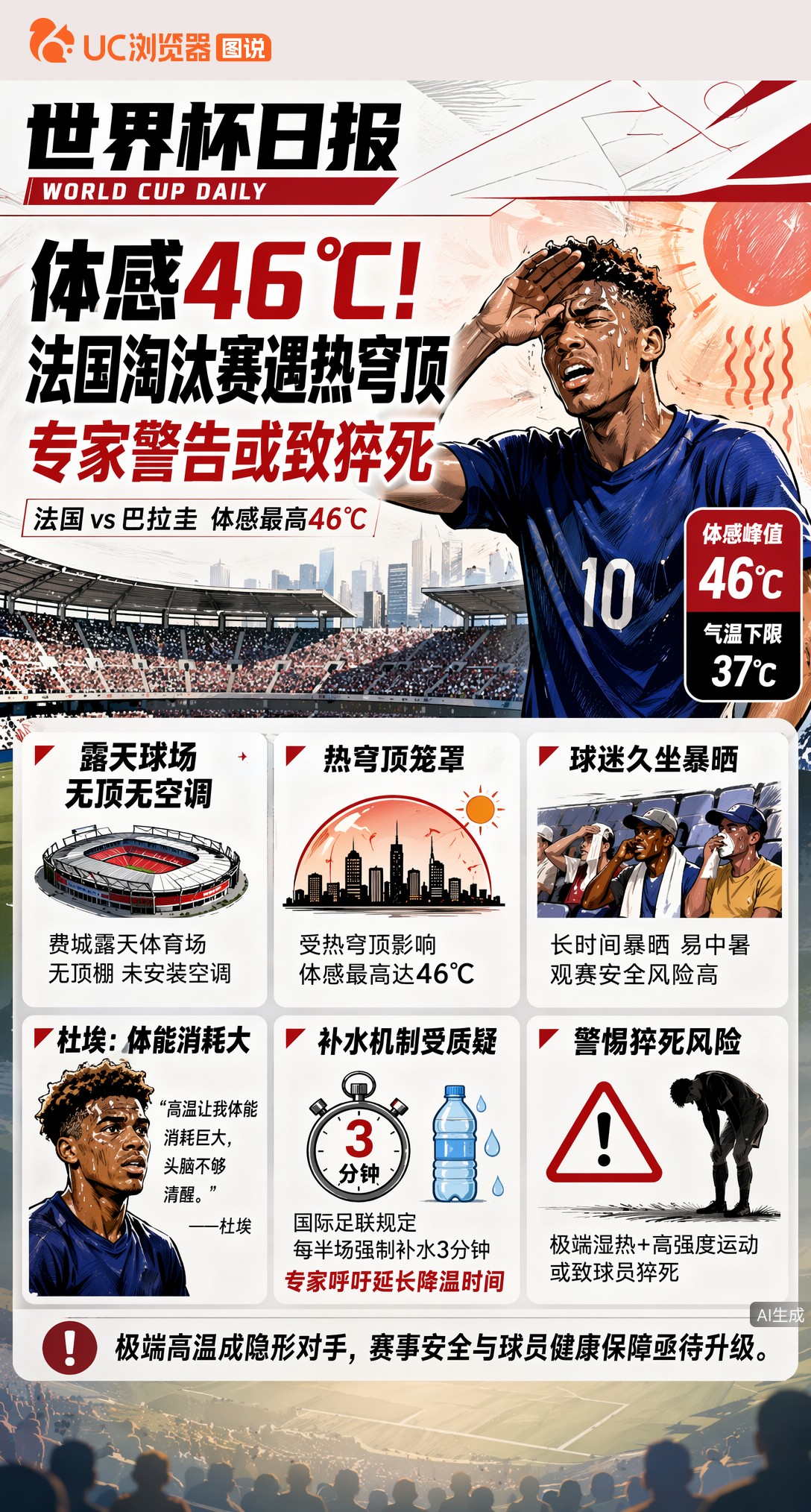 体感46℃！法国淘汰赛遇热穹顶，专家警告或致猝死