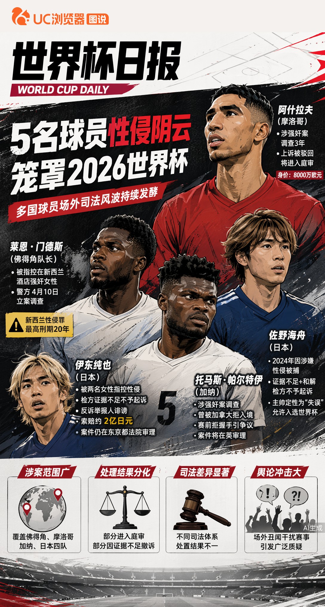 5名球员性侵阴云笼罩2026世界杯，阿什拉夫托马斯案件最受关注