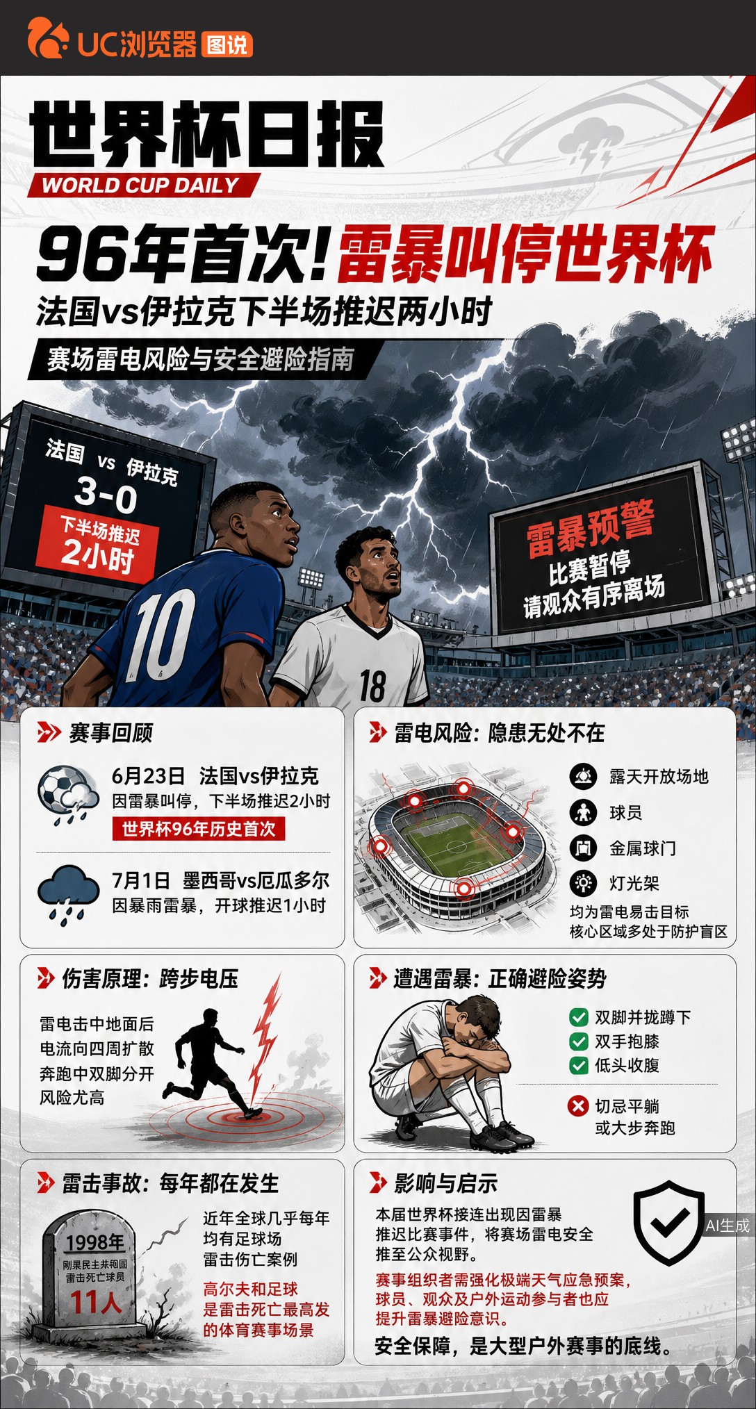 96年首次！雷暴叫停世界杯，法国vs伊拉克下半场推迟两小时