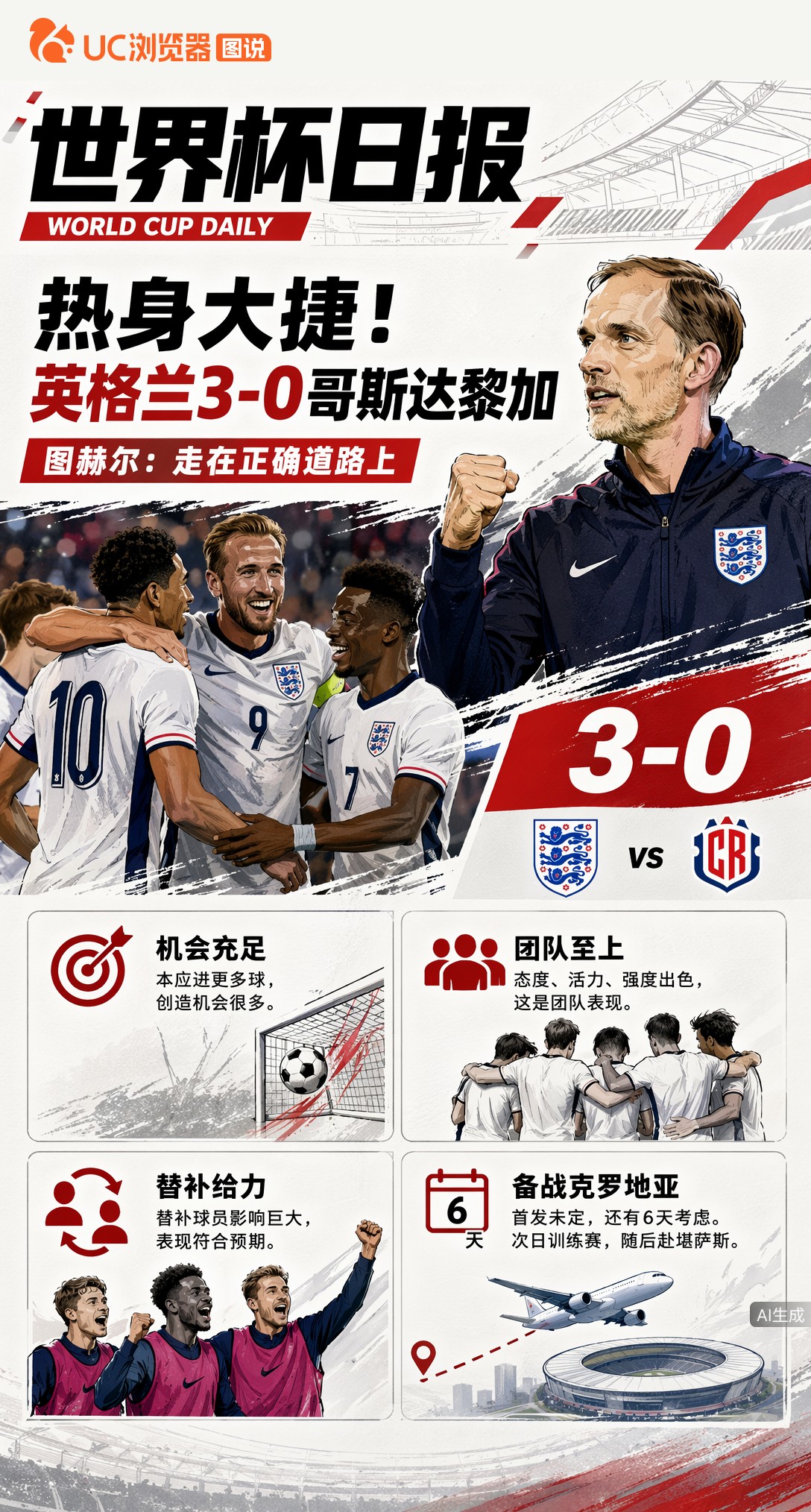 热身大捷！英格兰3-0哥斯达黎加，图赫尔：走在正确道路上