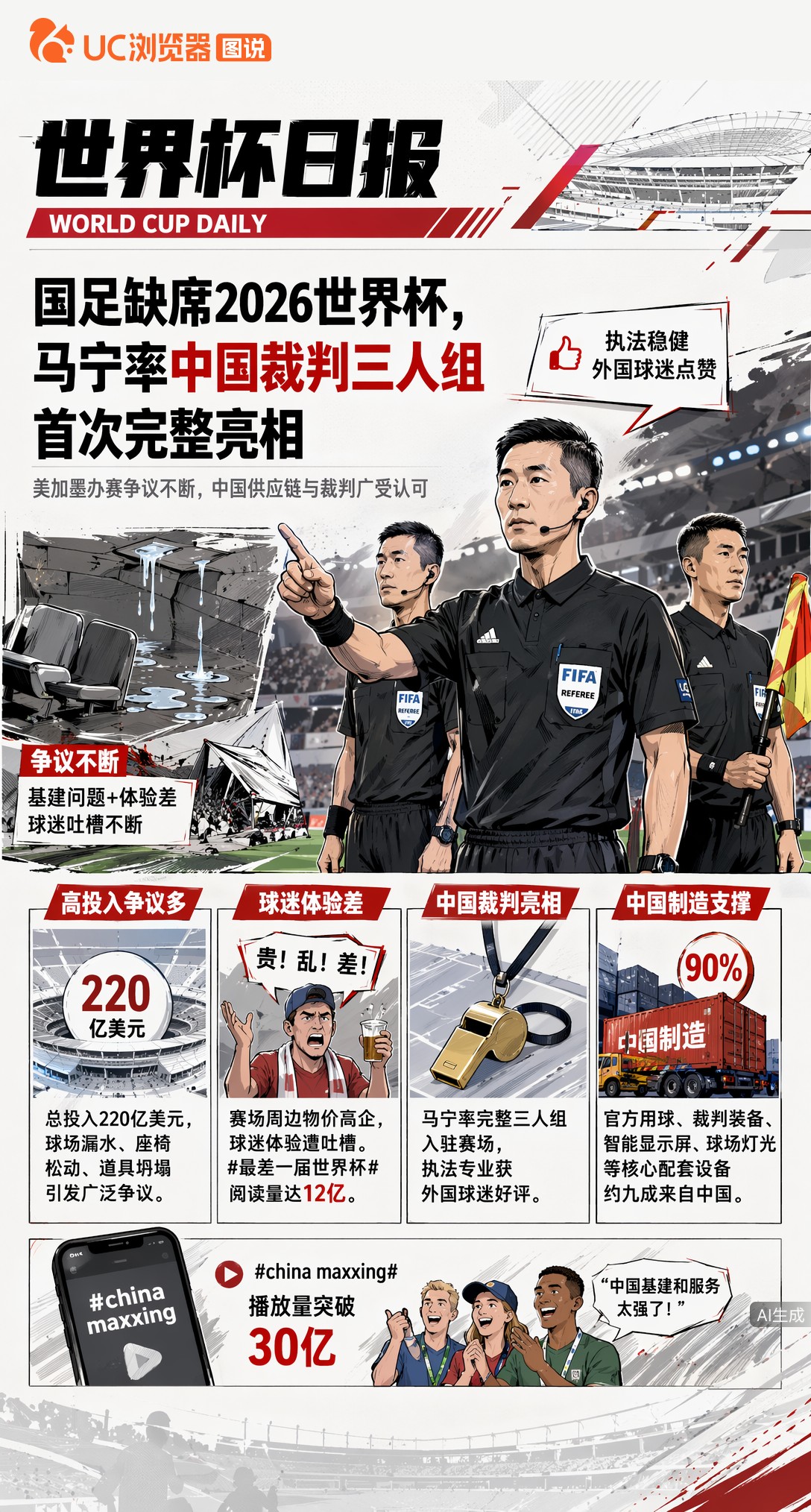 国足缺席2026世界杯，马宁率中国裁判三人组首次完整亮相