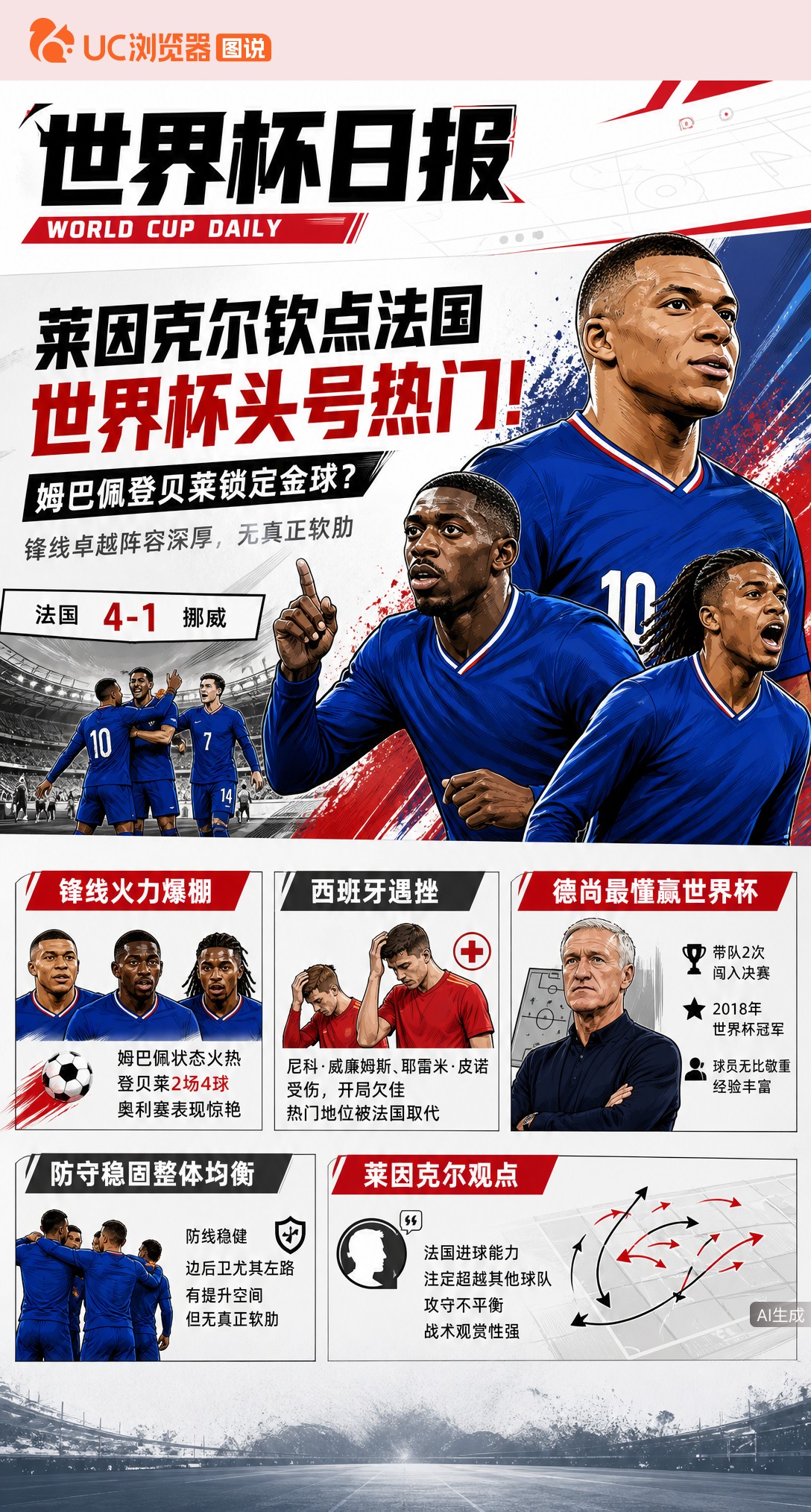 莱因克尔钦点法国世界杯头号热门！姆巴佩登贝莱锁定金球？