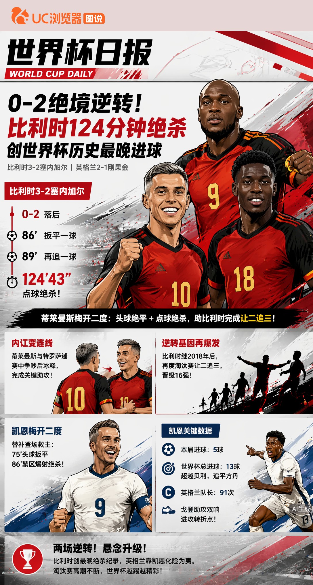 0-2绝境逆转！比利时124分钟绝杀创世界杯历史最晚进球
