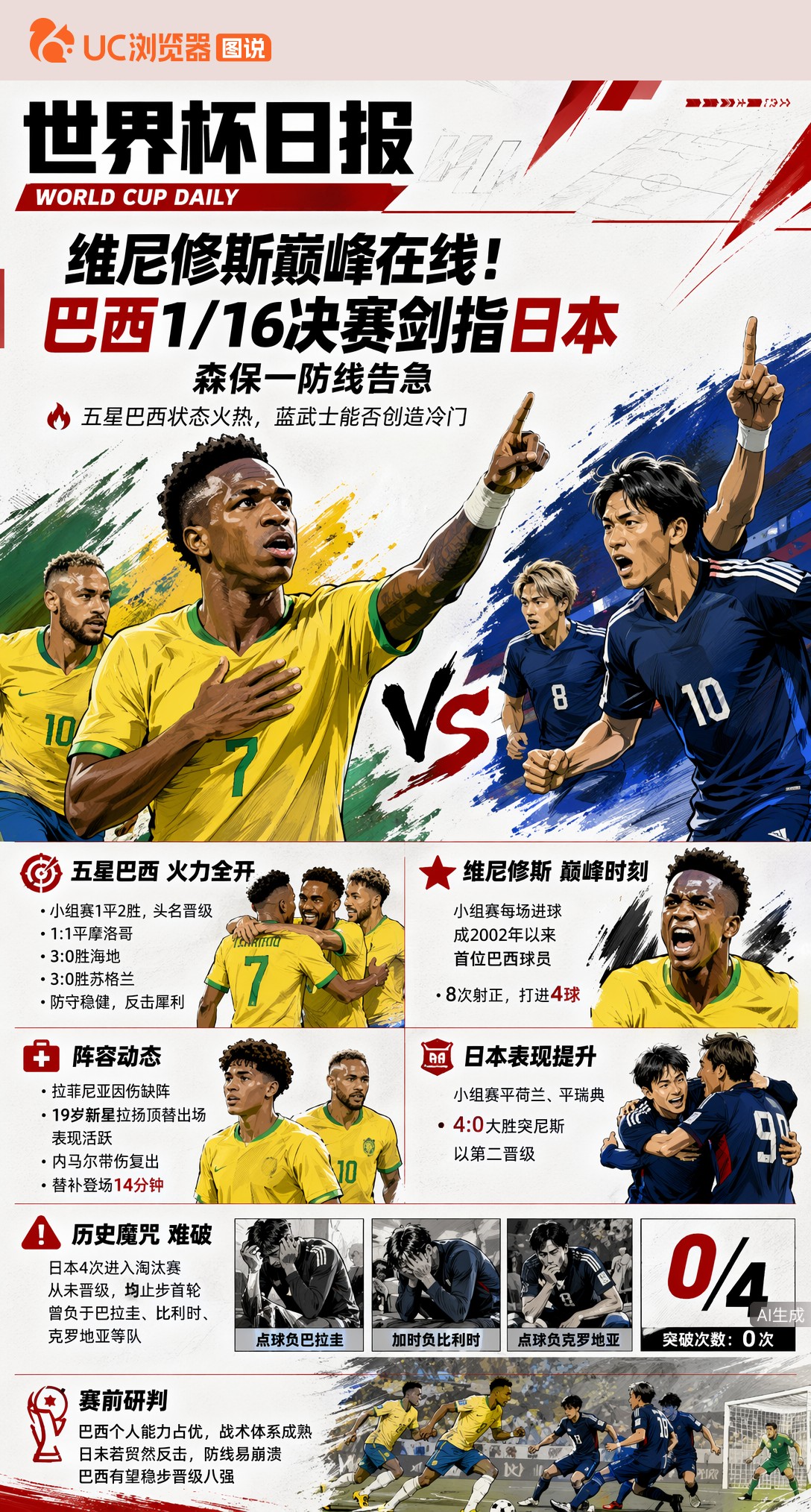 维尼修斯巅峰在线！巴西1/16决赛剑指日本，森保一防线告急